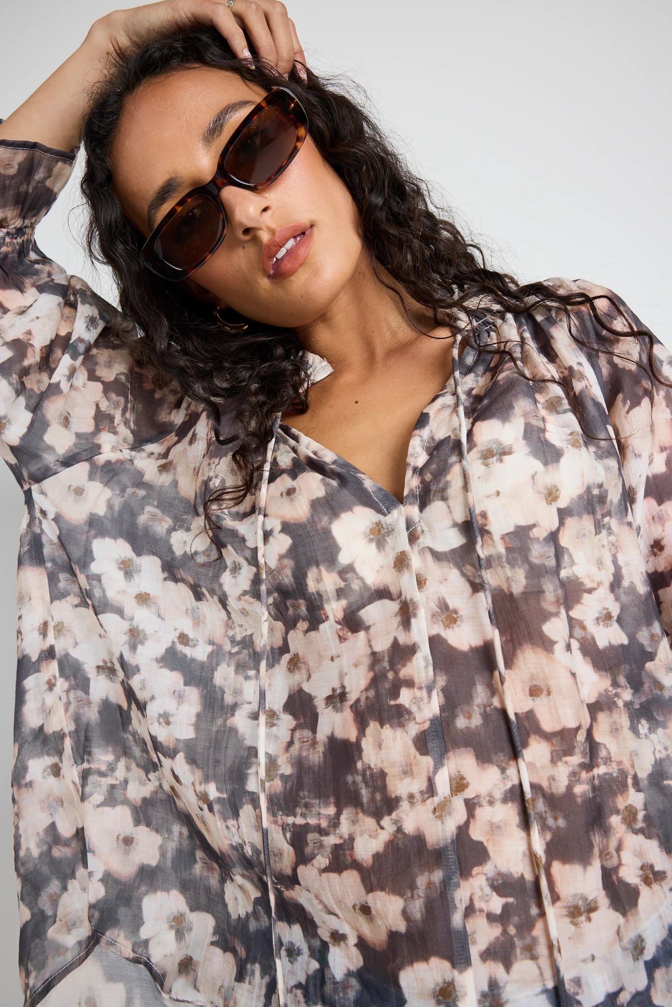 Expedition Charcoal Floral Shirred Neck SS Top - Charcoal Floral