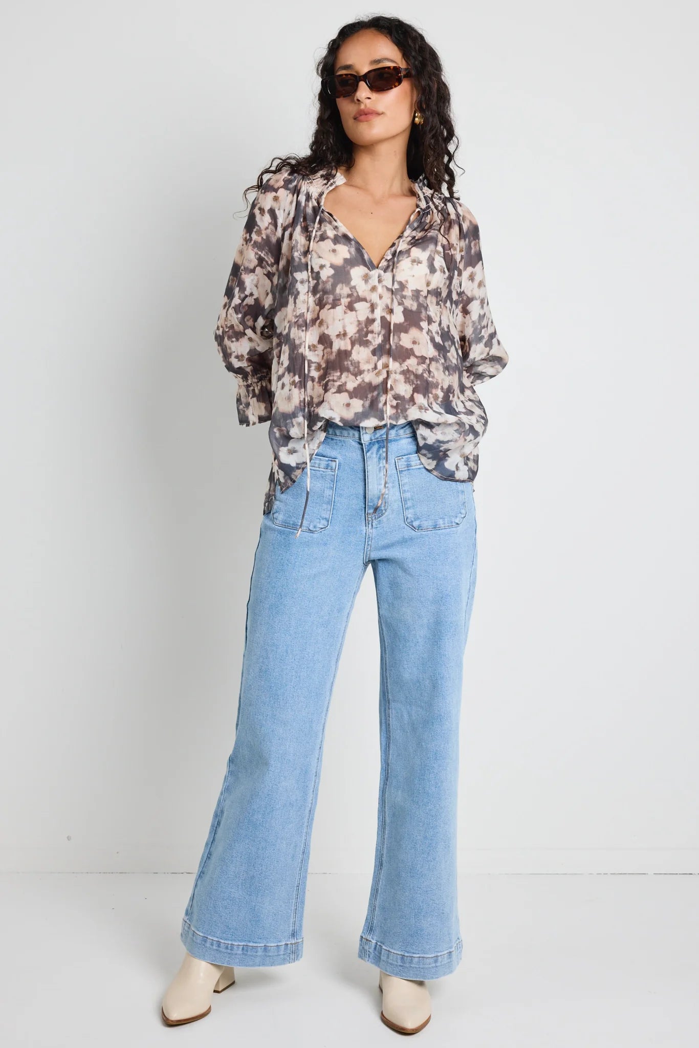 Expedition Charcoal Floral Shirred Neck SS Top - Charcoal Floral