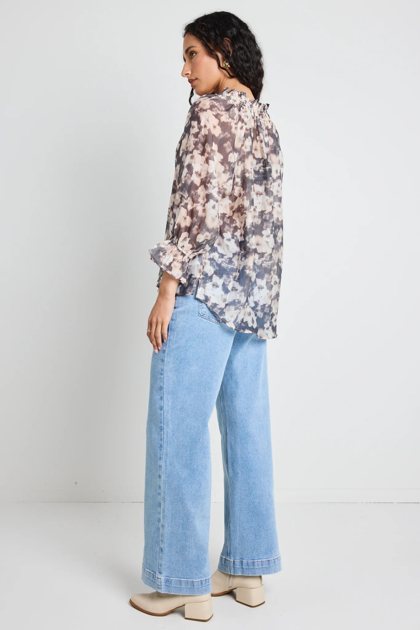 Expedition Charcoal Floral Shirred Neck SS Top - Charcoal Floral