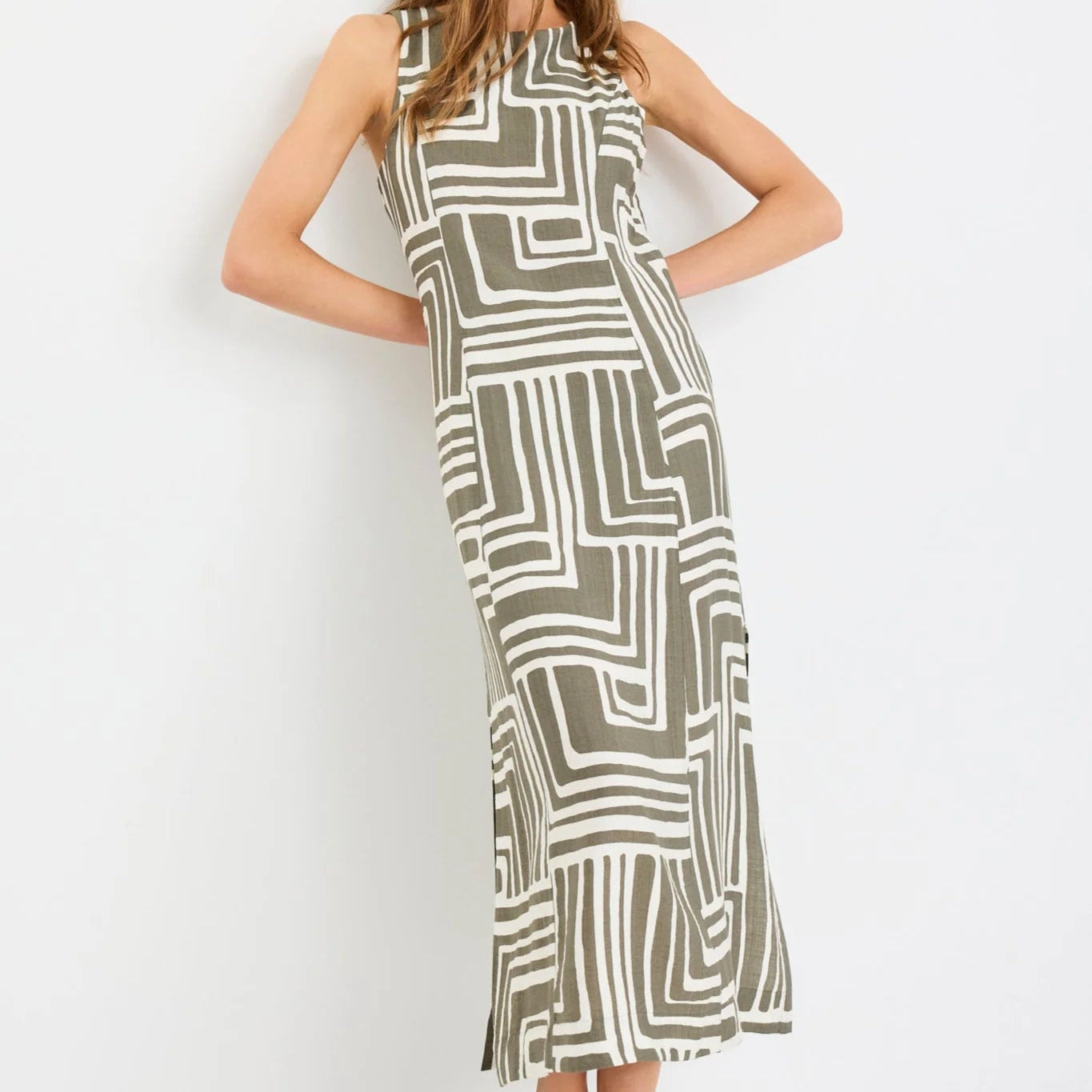 Future Sleeveless Dress - Khaki Maze Print