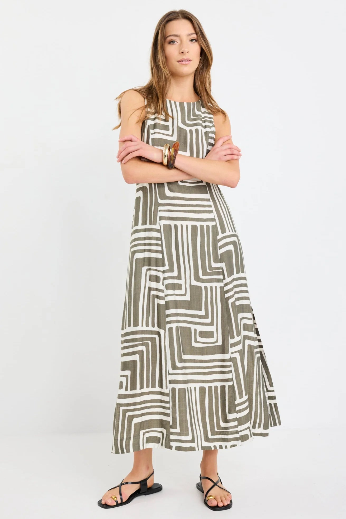 Future Sleeveless Dress - Khaki Maze Print