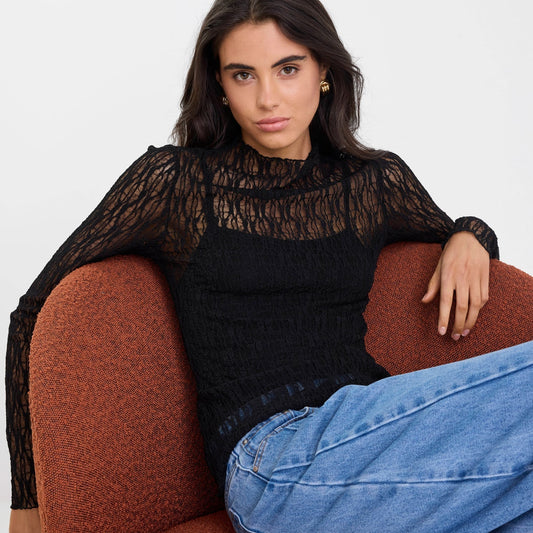 Giving Long Sleeve Lace Top - Black