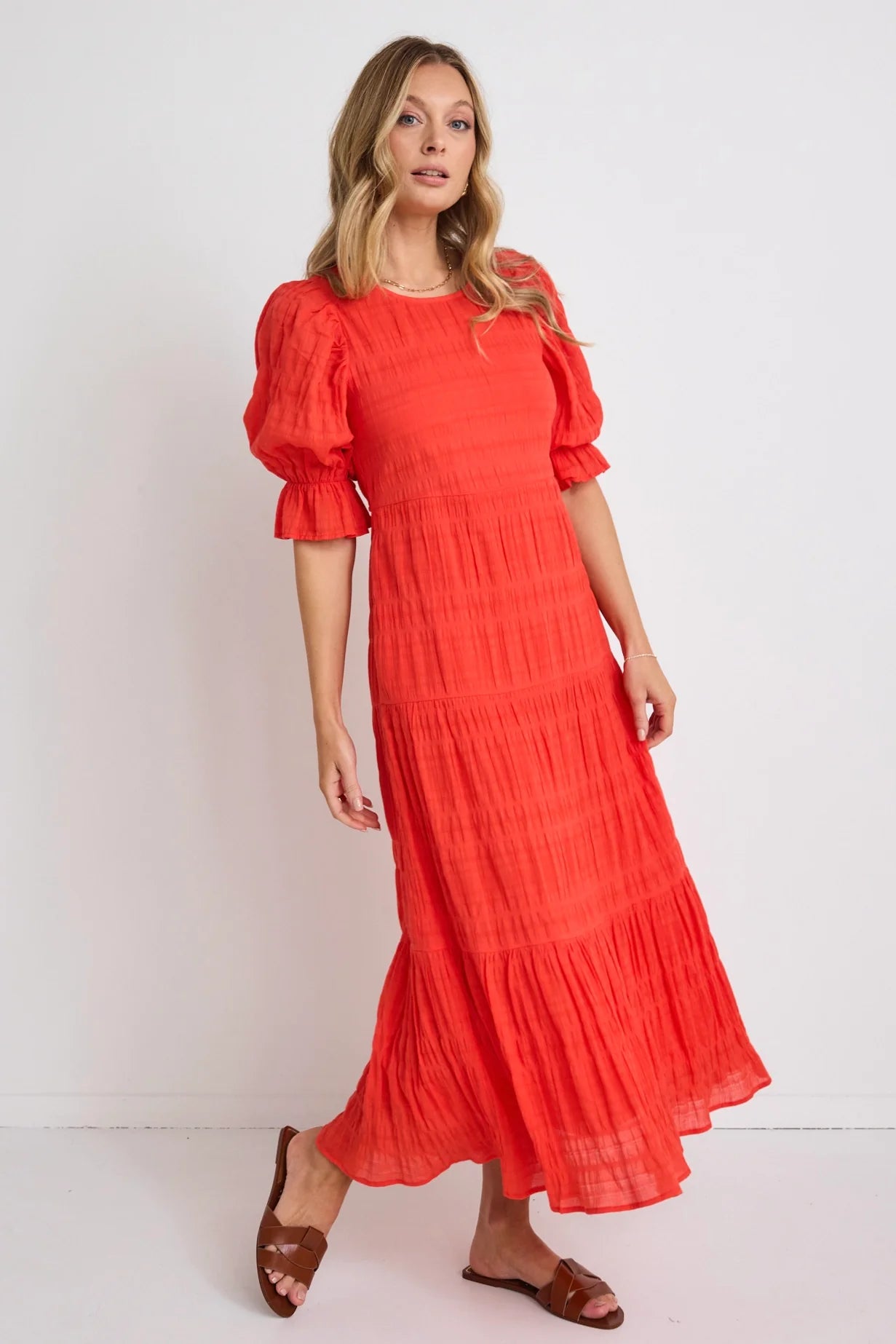 Gratitude Bubble SS Tiered Maxi Dress - Blood Orange