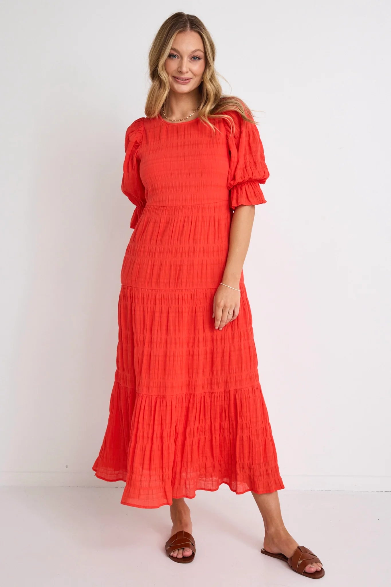 Gratitude Bubble SS Tiered Maxi Dress - Blood Orange