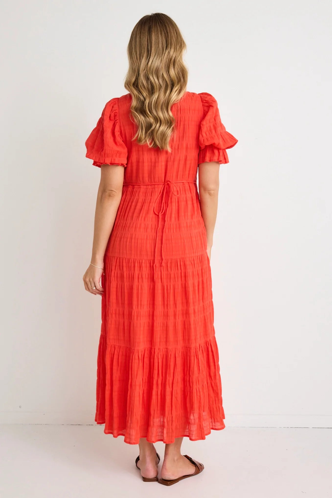 Gratitude Bubble SS Tiered Maxi Dress - Blood Orange
