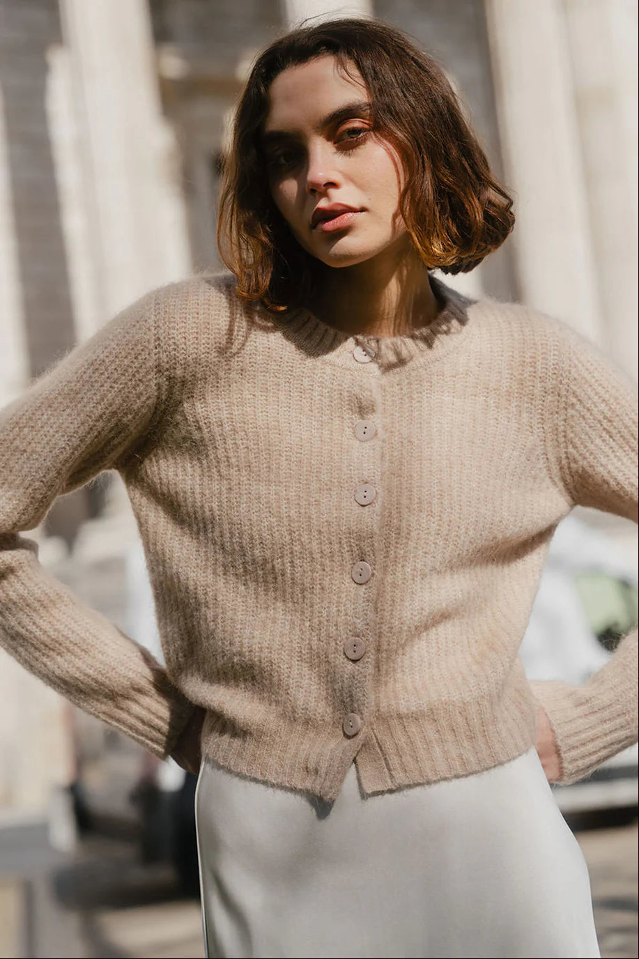 Highlight Mohair Blend Crewneck Cardigan - Blush