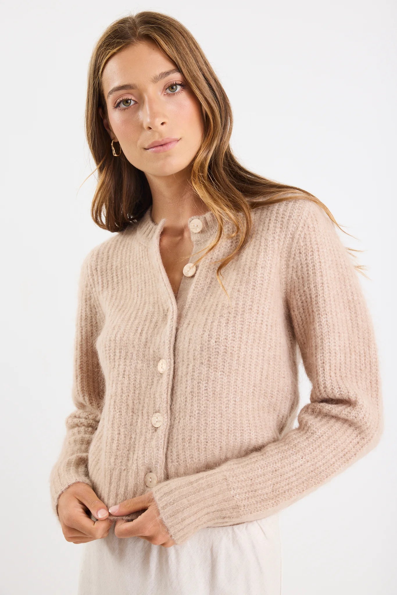 Highlight Mohair Blend Crewneck Cardigan - Blush
