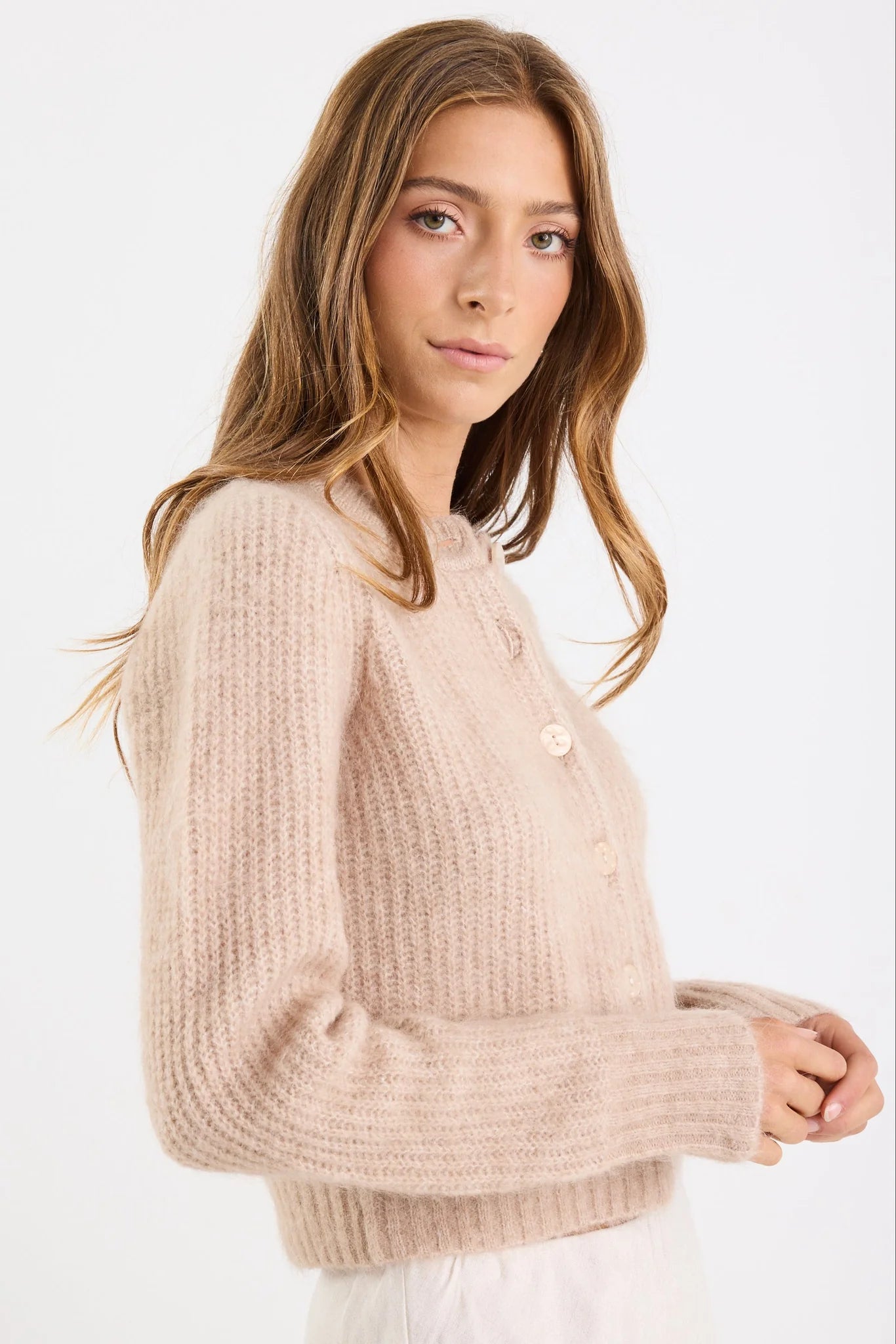Highlight Mohair Blend Crewneck Cardigan - Blush