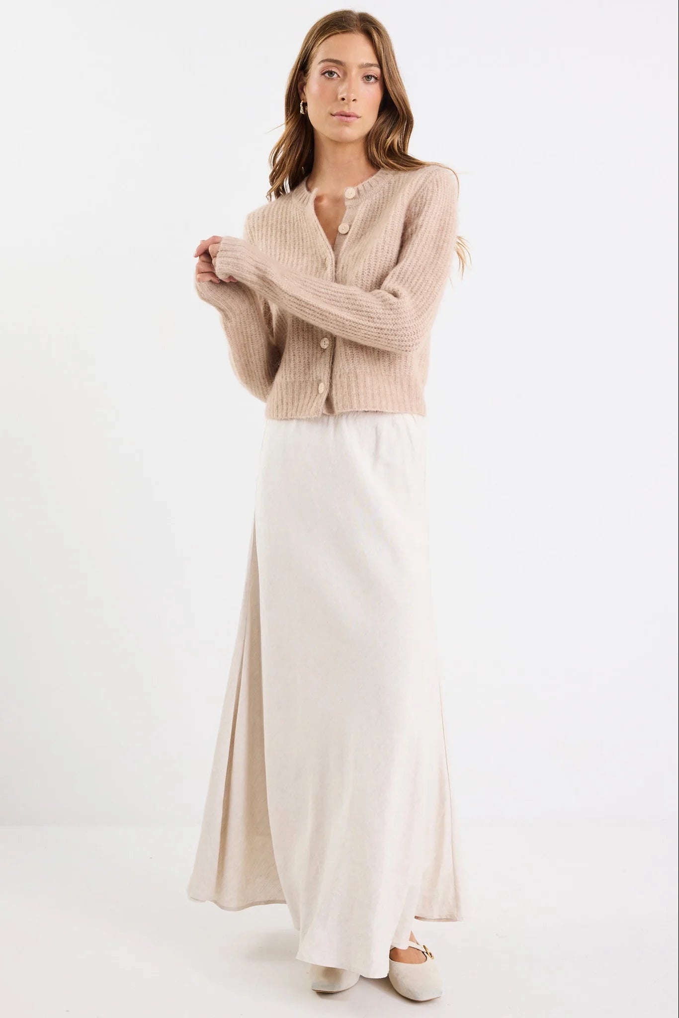 Highlight Mohair Blend Crewneck Cardigan - Blush