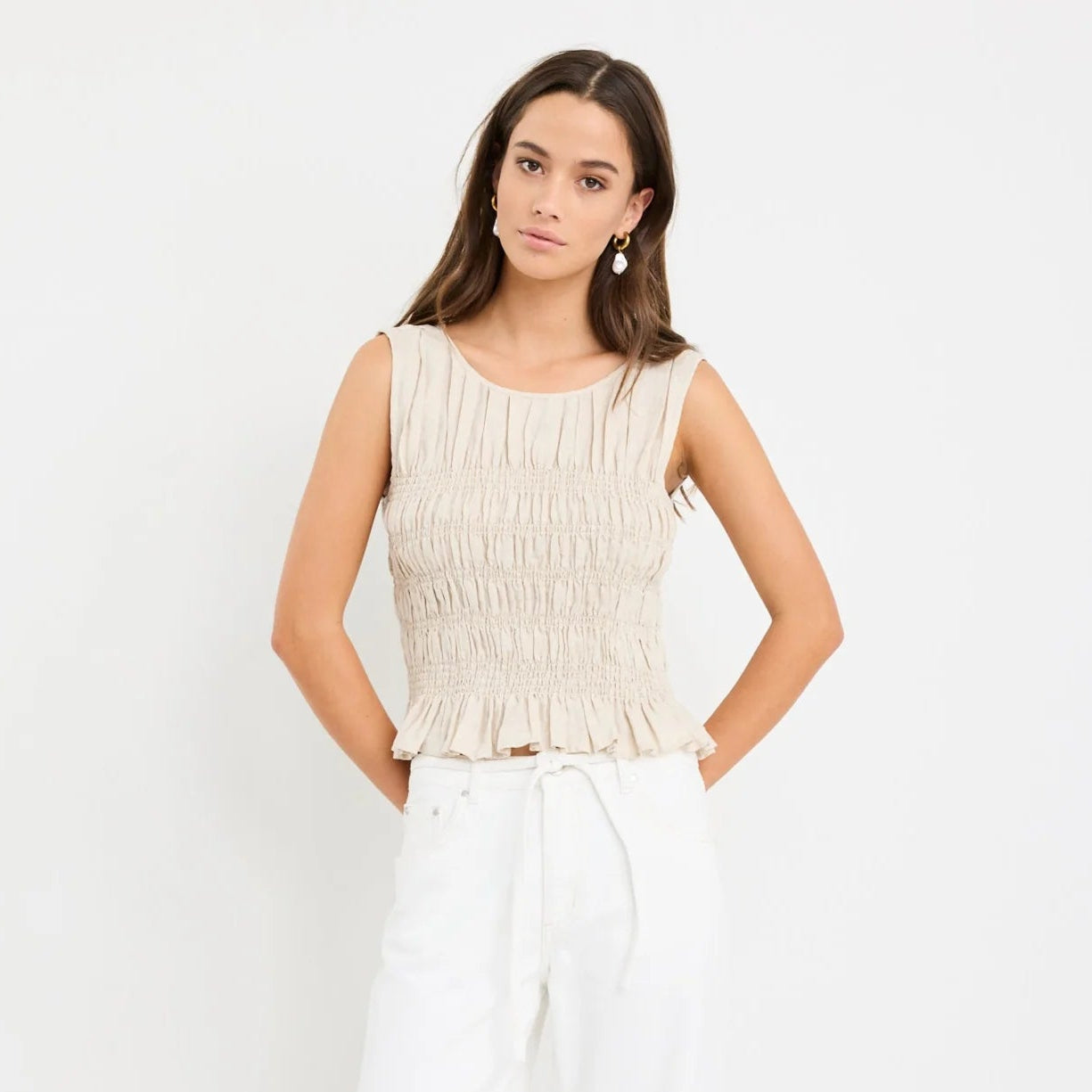 Impulsive Linen  Shirred Sleeveless Top - Natural