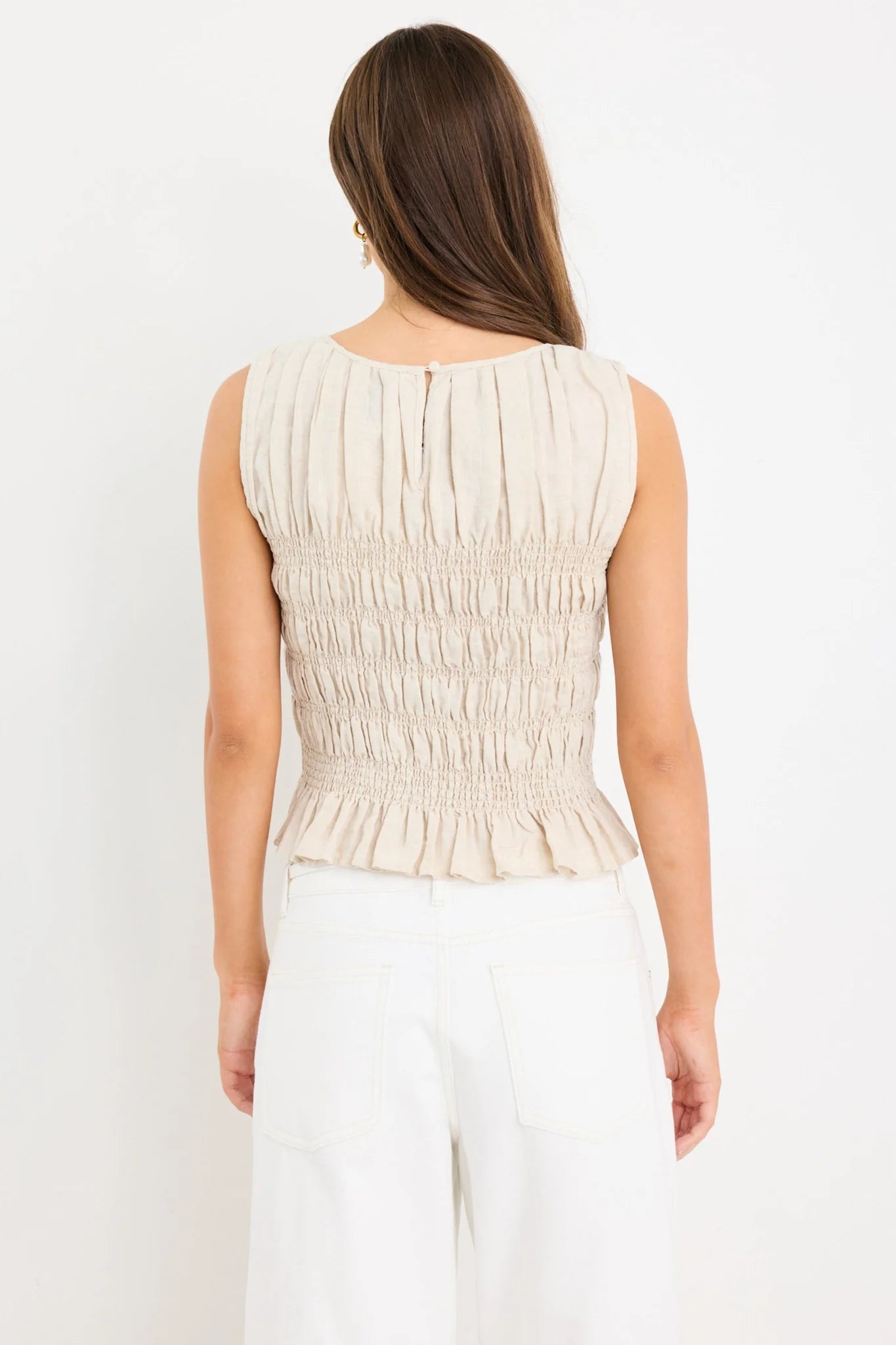 Impulsive Linen  Shirred Sleeveless Top - Natural