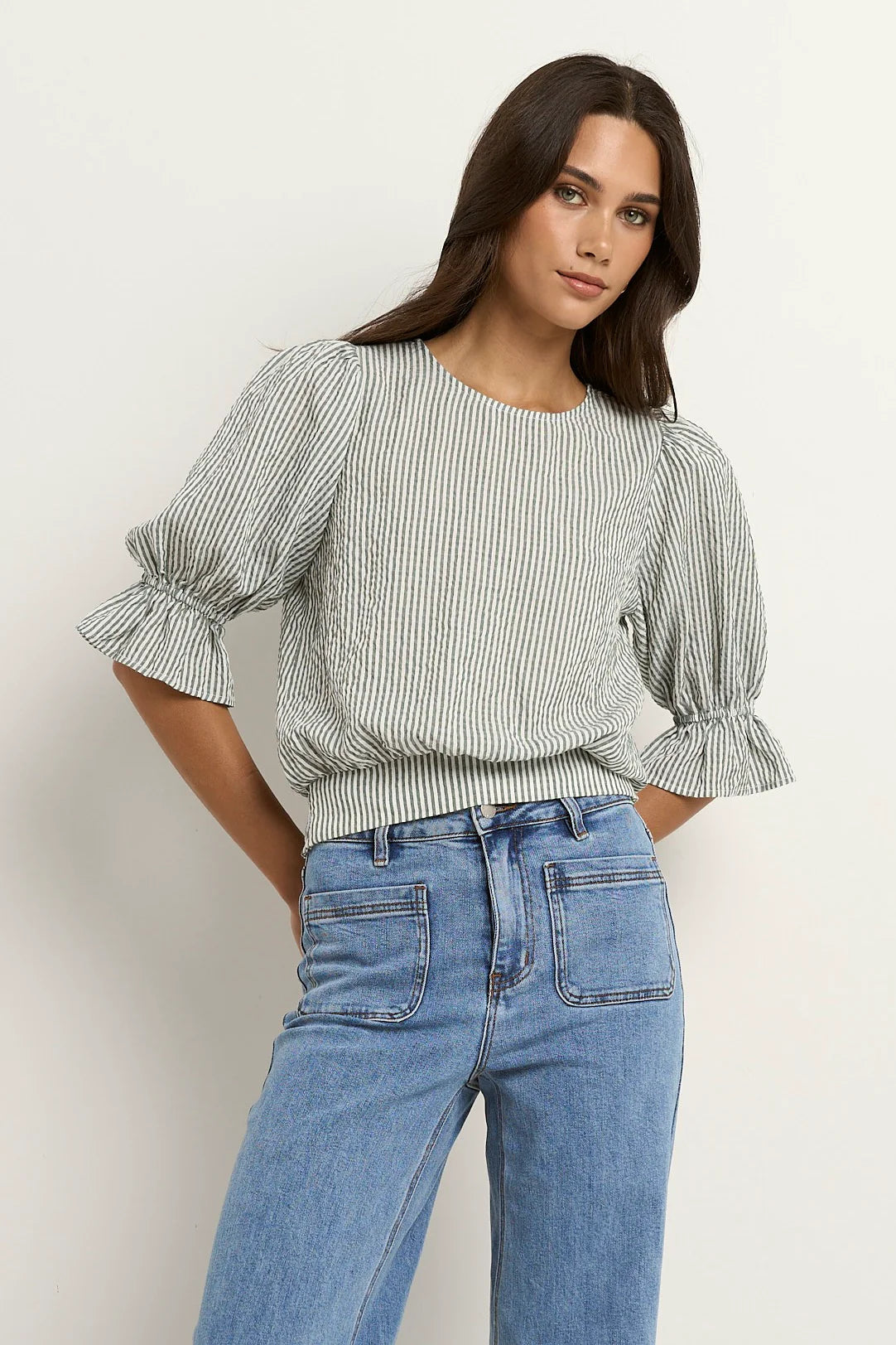 Lovely Shirred Top - Khaki Stripe