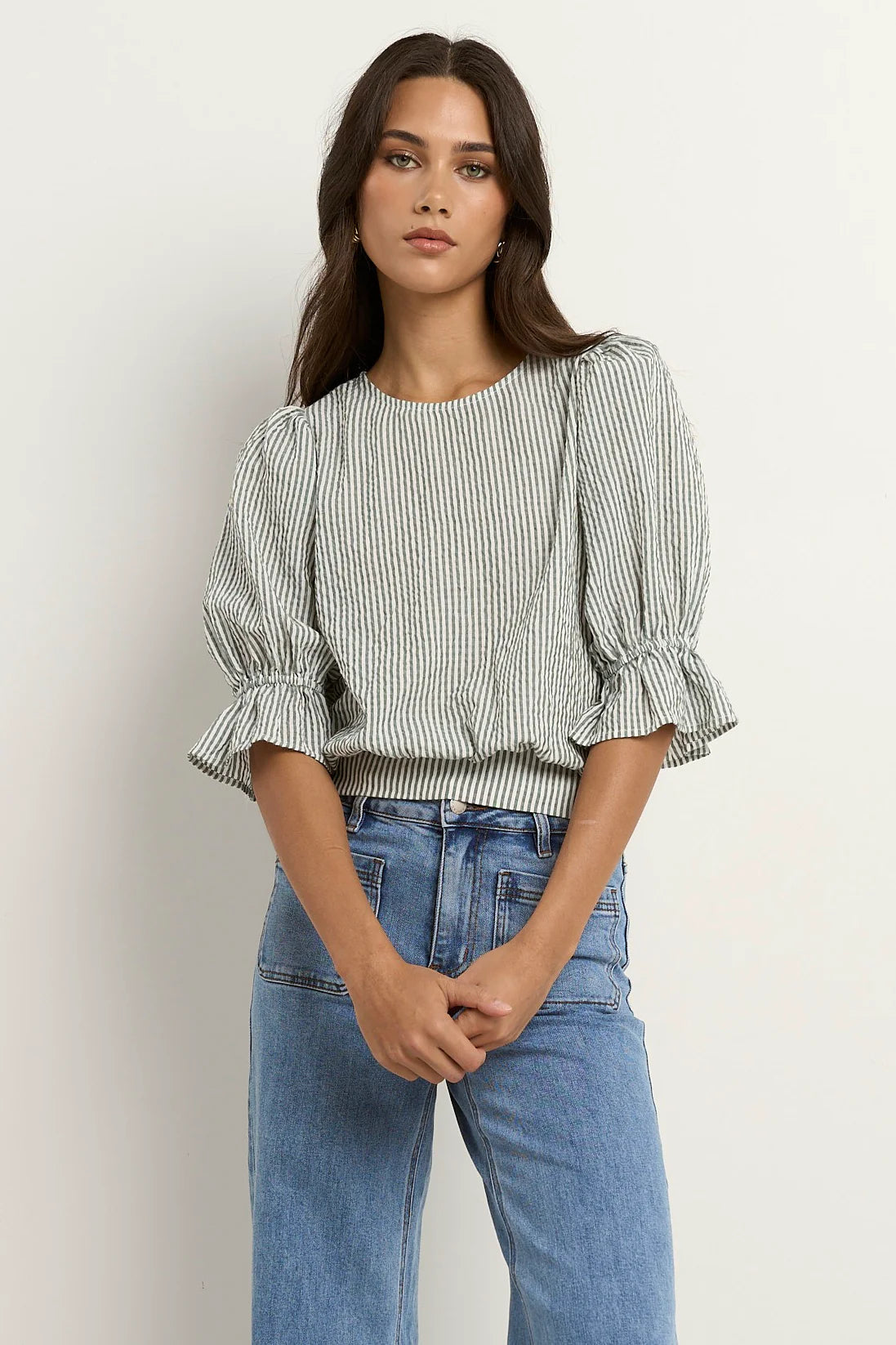 Lovely Shirred Top - Khaki Stripe