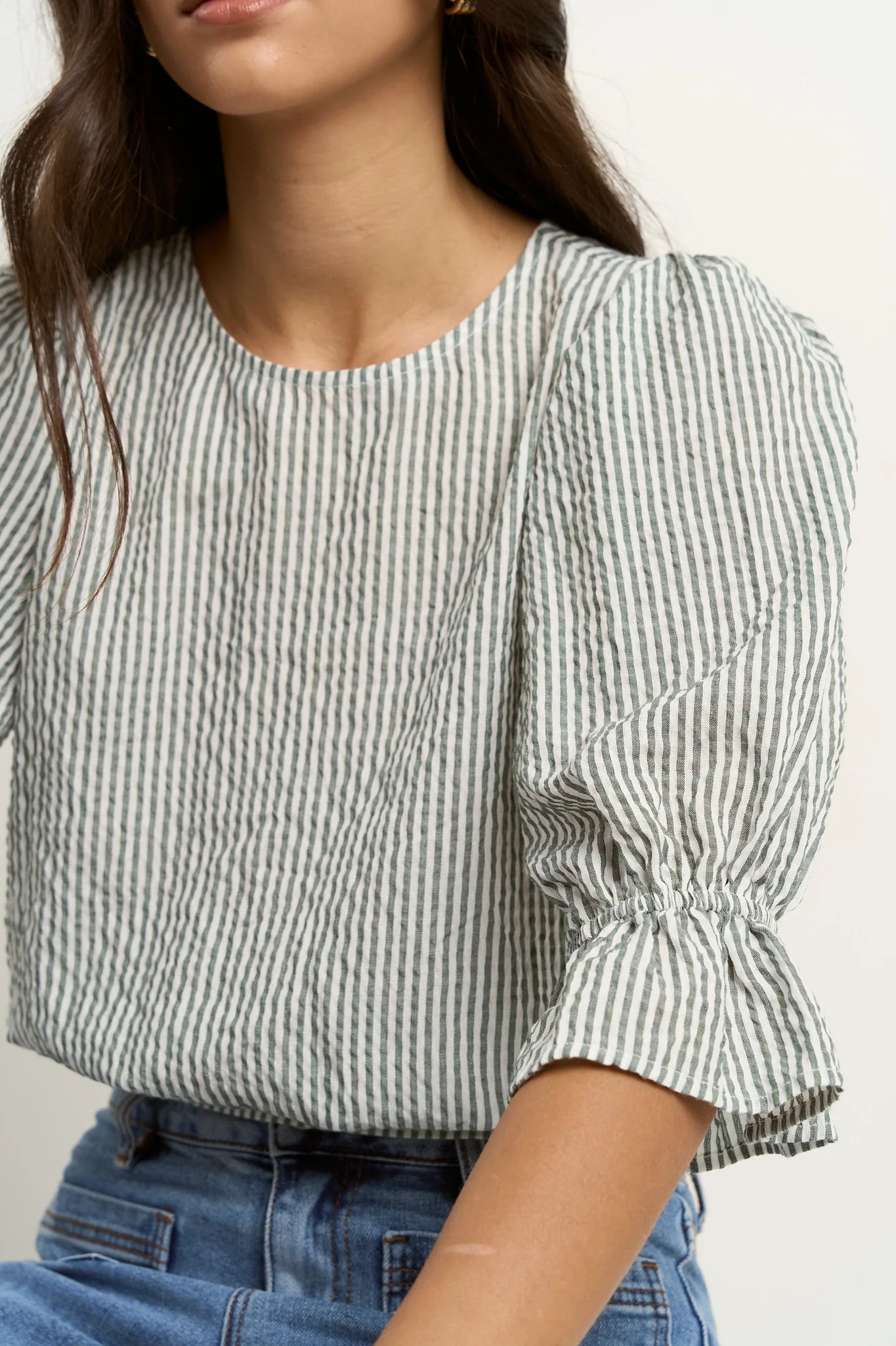 Lovely Shirred Top - Khaki Stripe