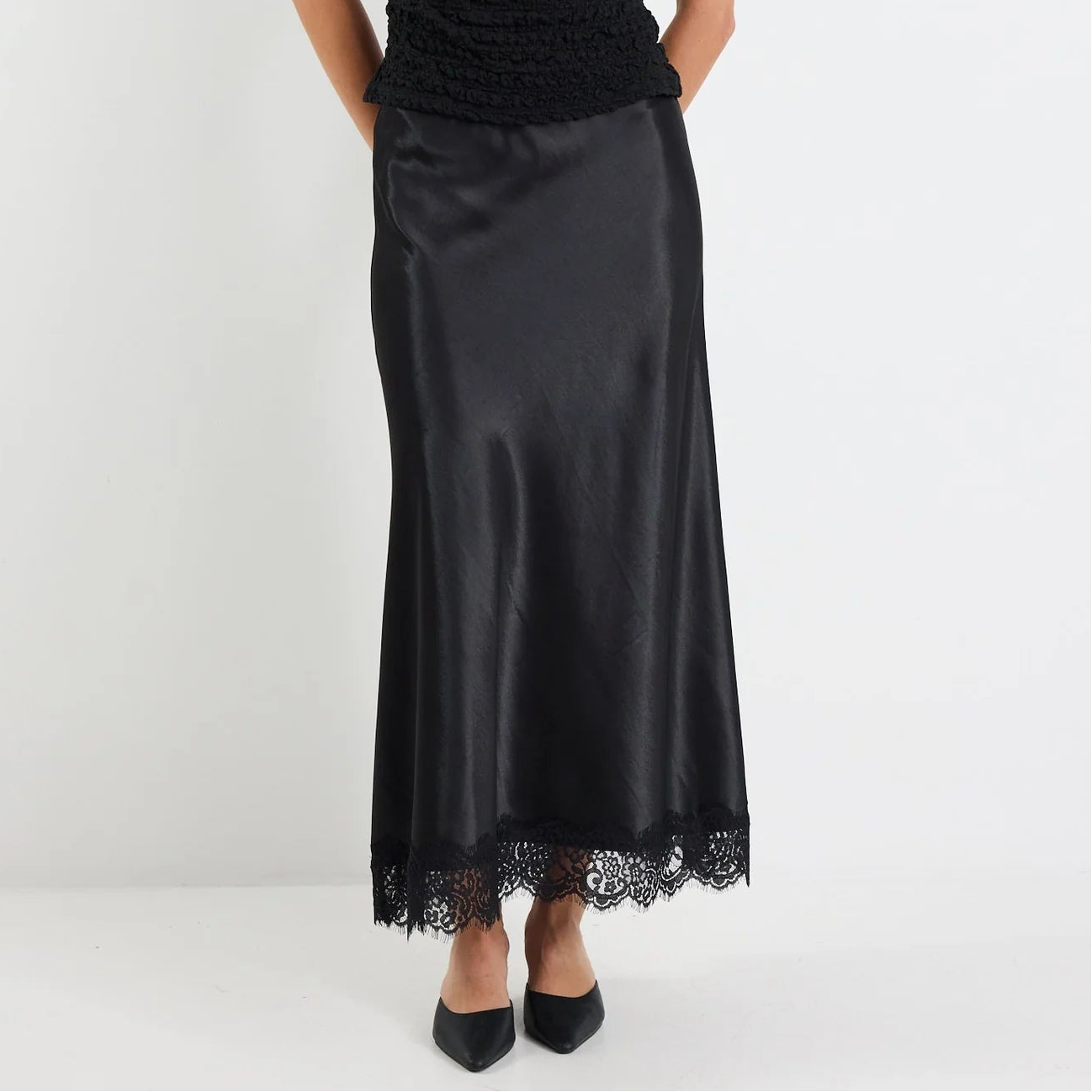 Margarita Satin Lace Trim Bias Maxi Skirt - Black