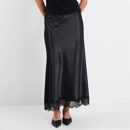 Margarita Satin Lace Trim Bias Maxi Skirt - Black