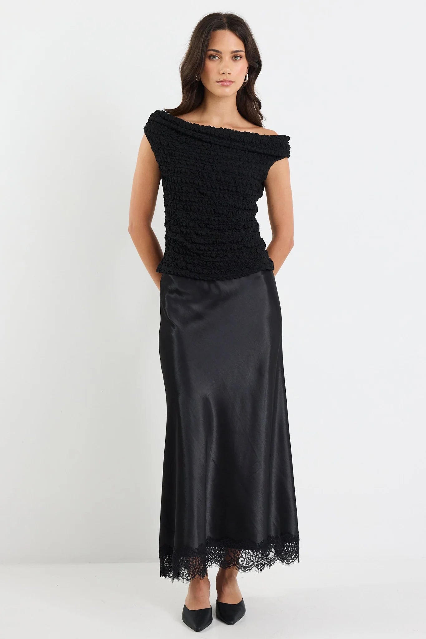 Margarita Satin Lace Trim Bias Maxi Skirt - Black