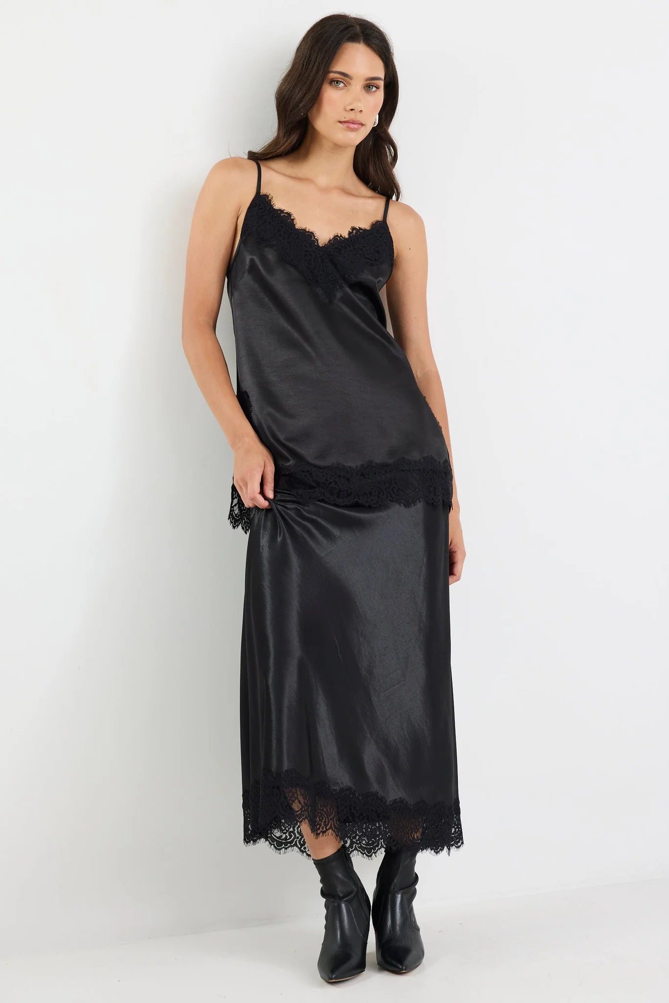 Margarita Satin Lace Trim Bias Maxi Skirt - Black