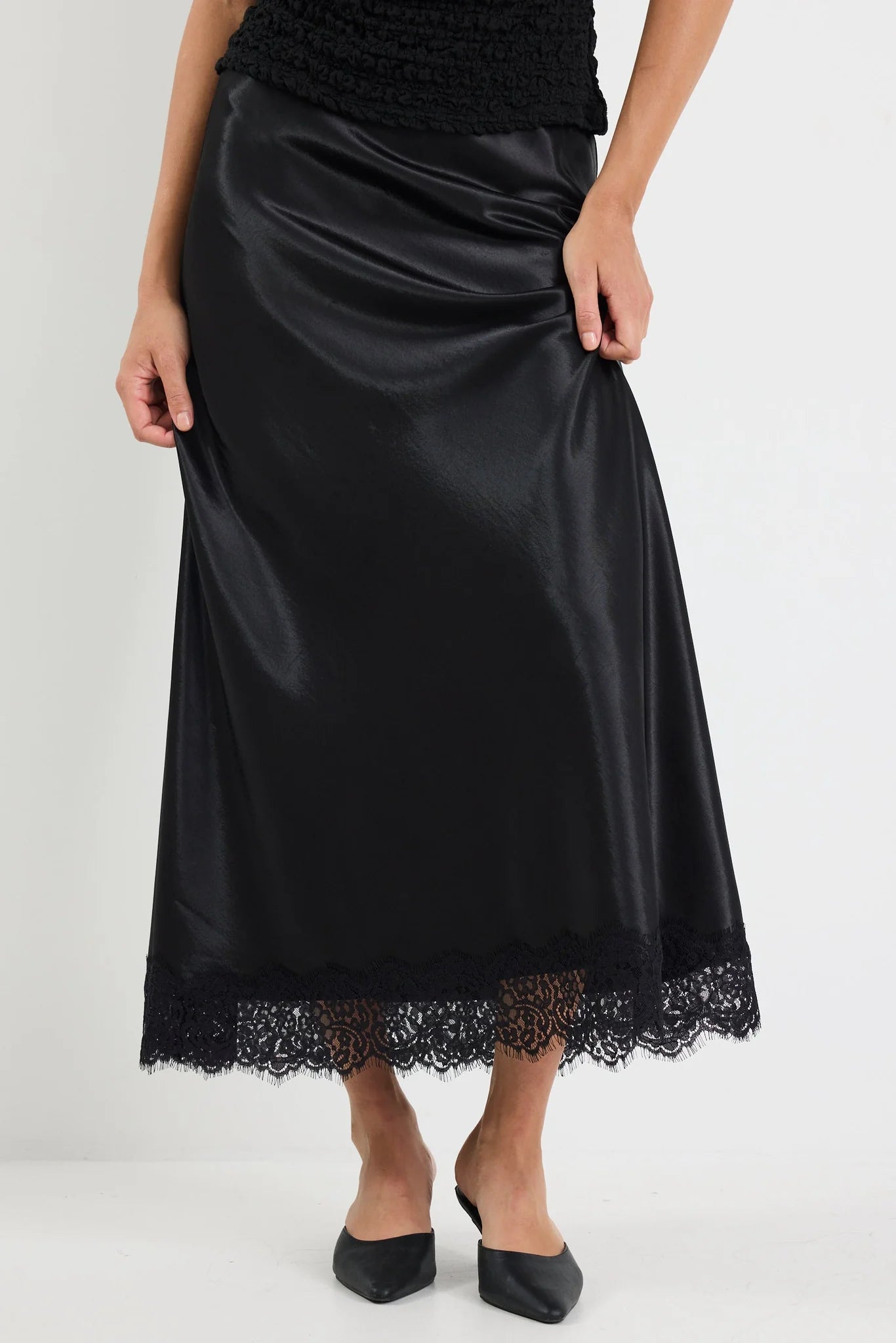 Margarita Satin Lace Trim Bias Maxi Skirt - Black