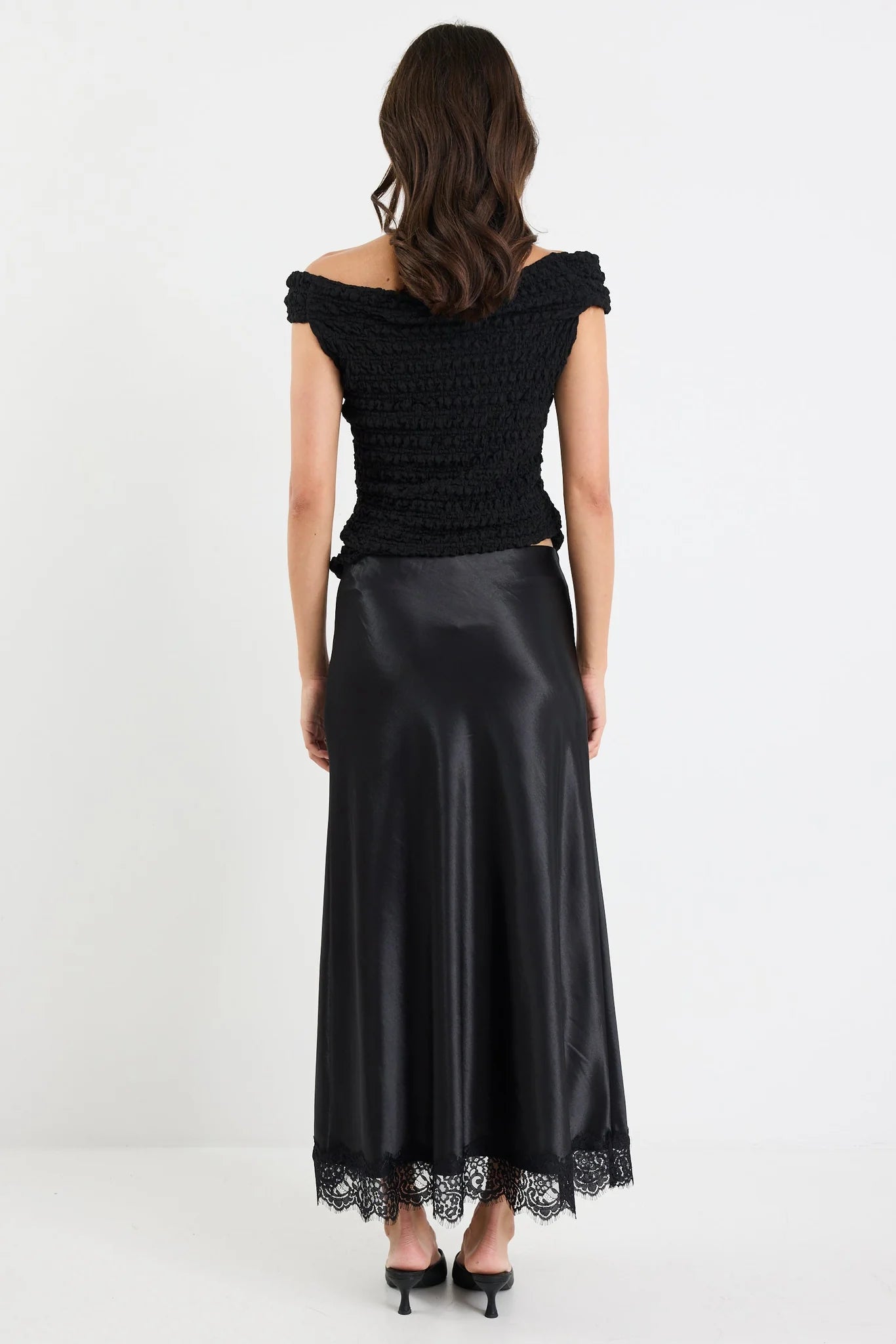 Margarita Satin Lace Trim Bias Maxi Skirt - Black