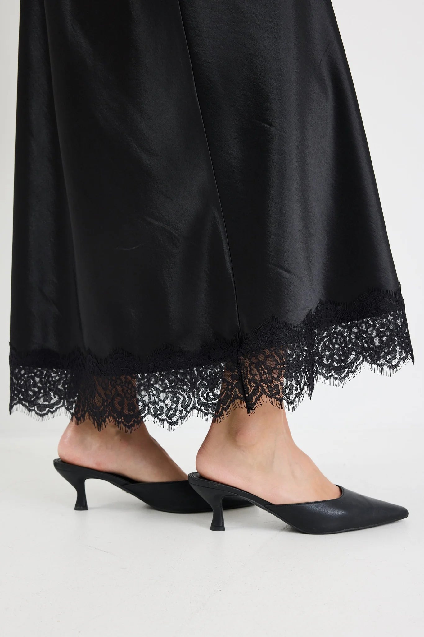 Margarita Satin Lace Trim Bias Maxi Skirt - Black