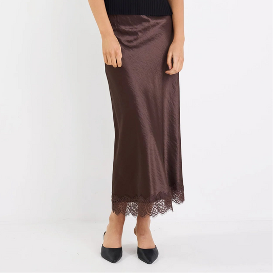 Margarita Satin Lace Trim Skirt - Chocolate