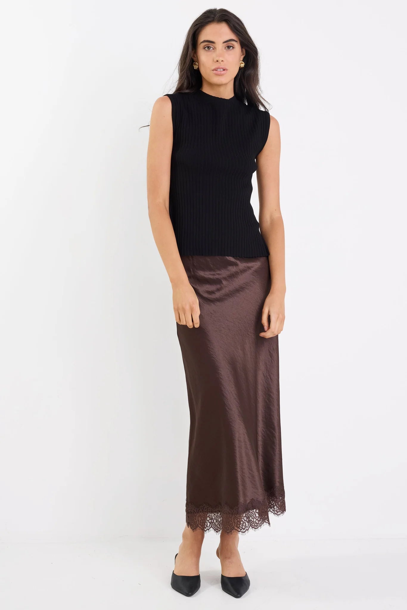 Margarita Satin Lace Trim Skirt - Chocolate