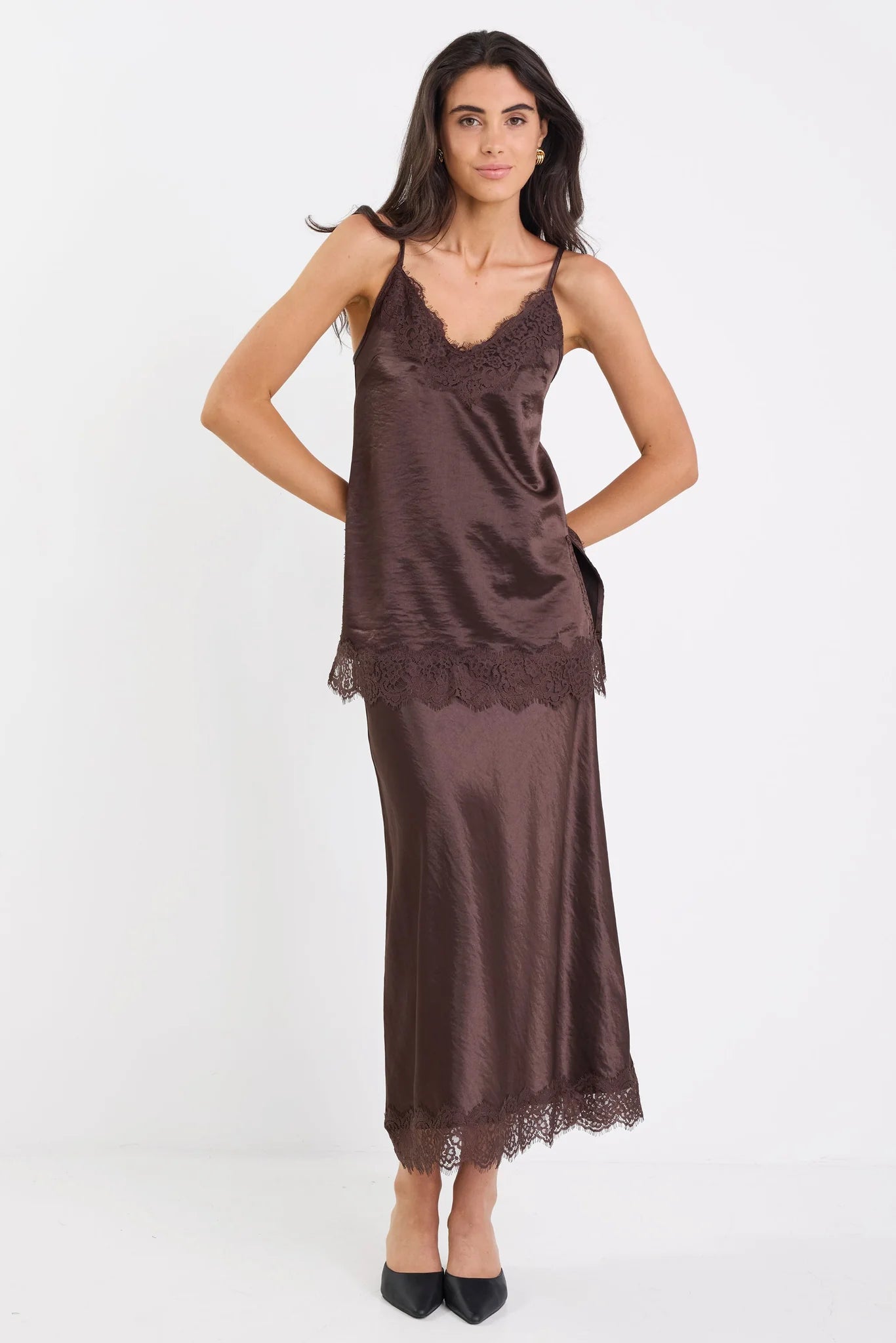 Margarita Satin Lace Trim Skirt - Chocolate