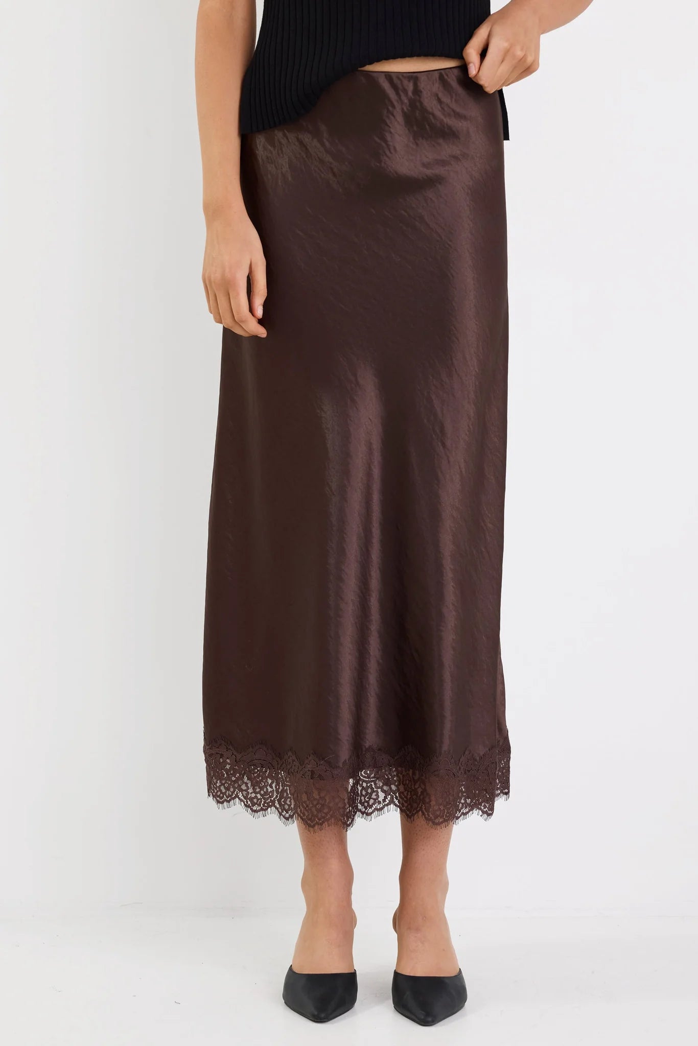 Margarita Satin Lace Trim Skirt - Chocolate
