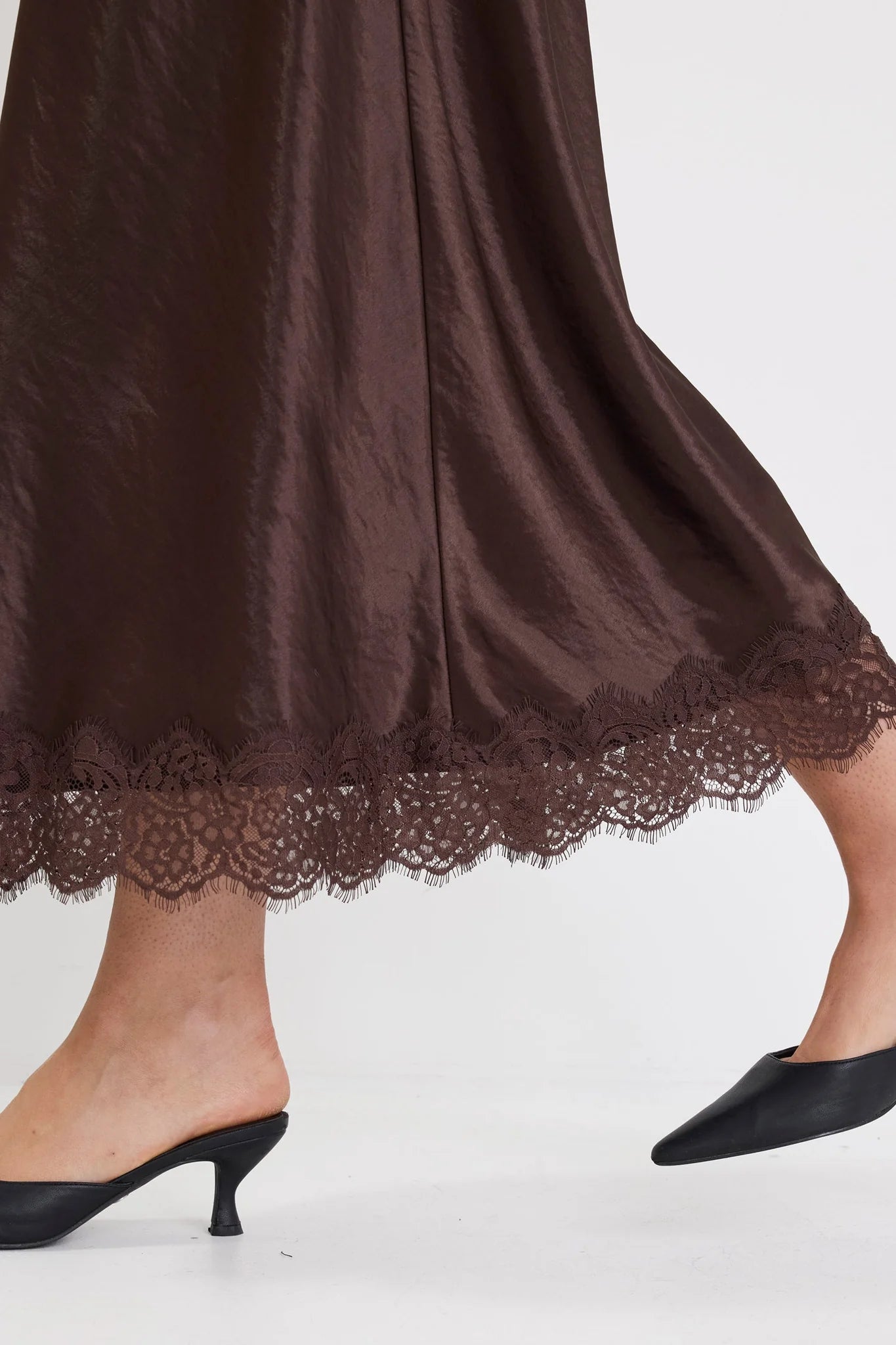 Margarita Satin Lace Trim Skirt - Chocolate