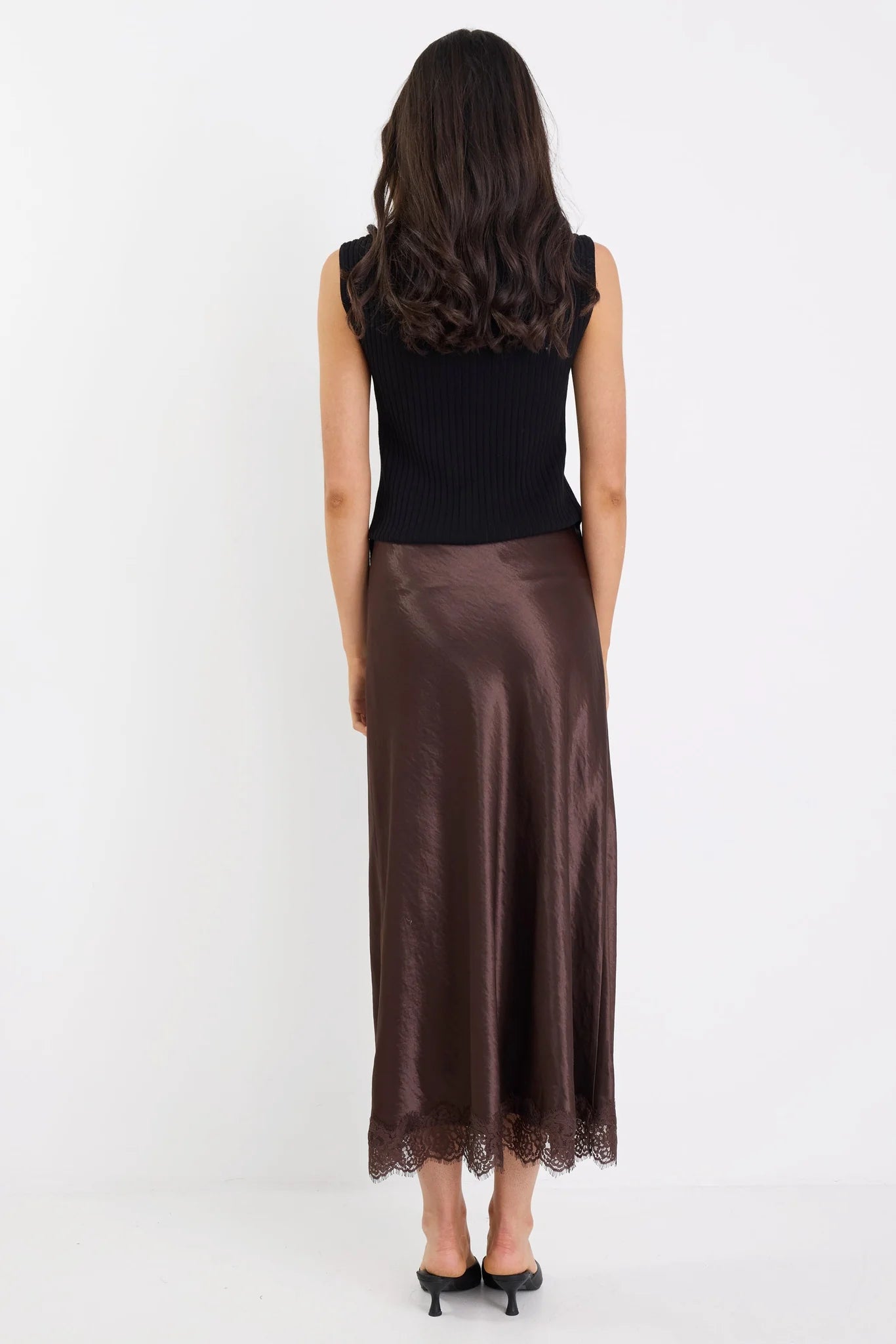 Margarita Satin Lace Trim Skirt - Chocolate