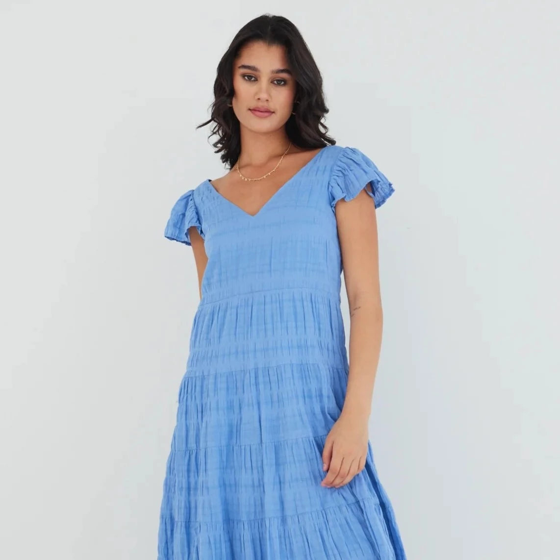 Marley Shirred V-Neck Tiered Maxi - French Blue