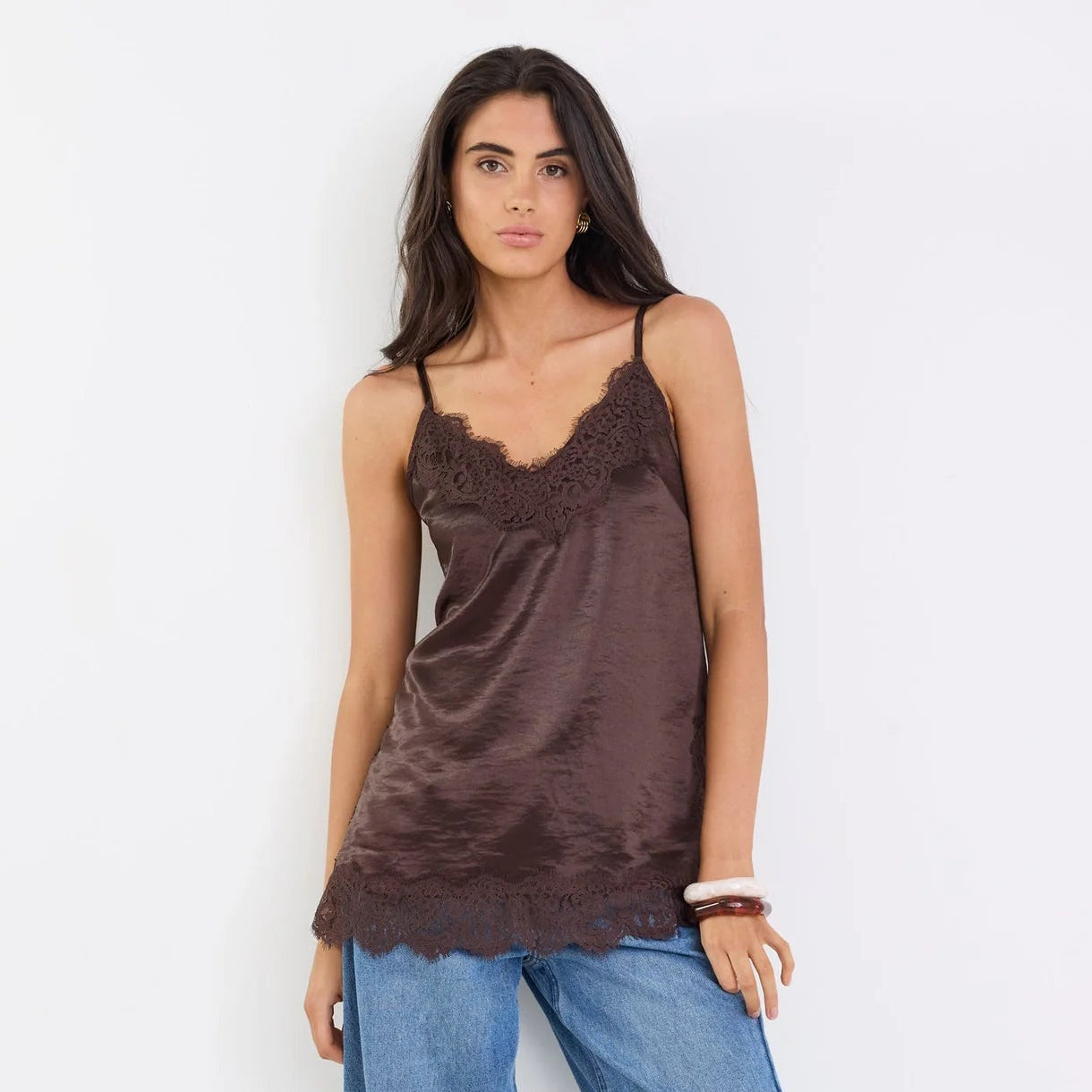 Noir Lace Trim Cami - Chocolate