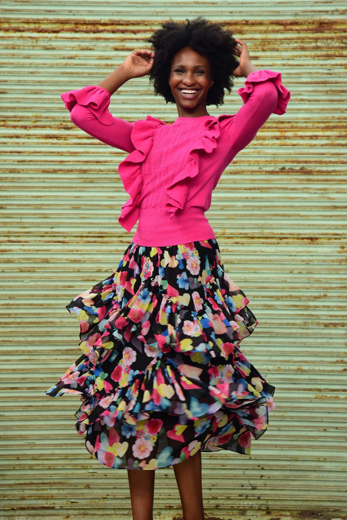 Black print ruffle skirt hot sale