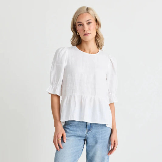 Roaming Linen Crew Neck Peplum Top - White