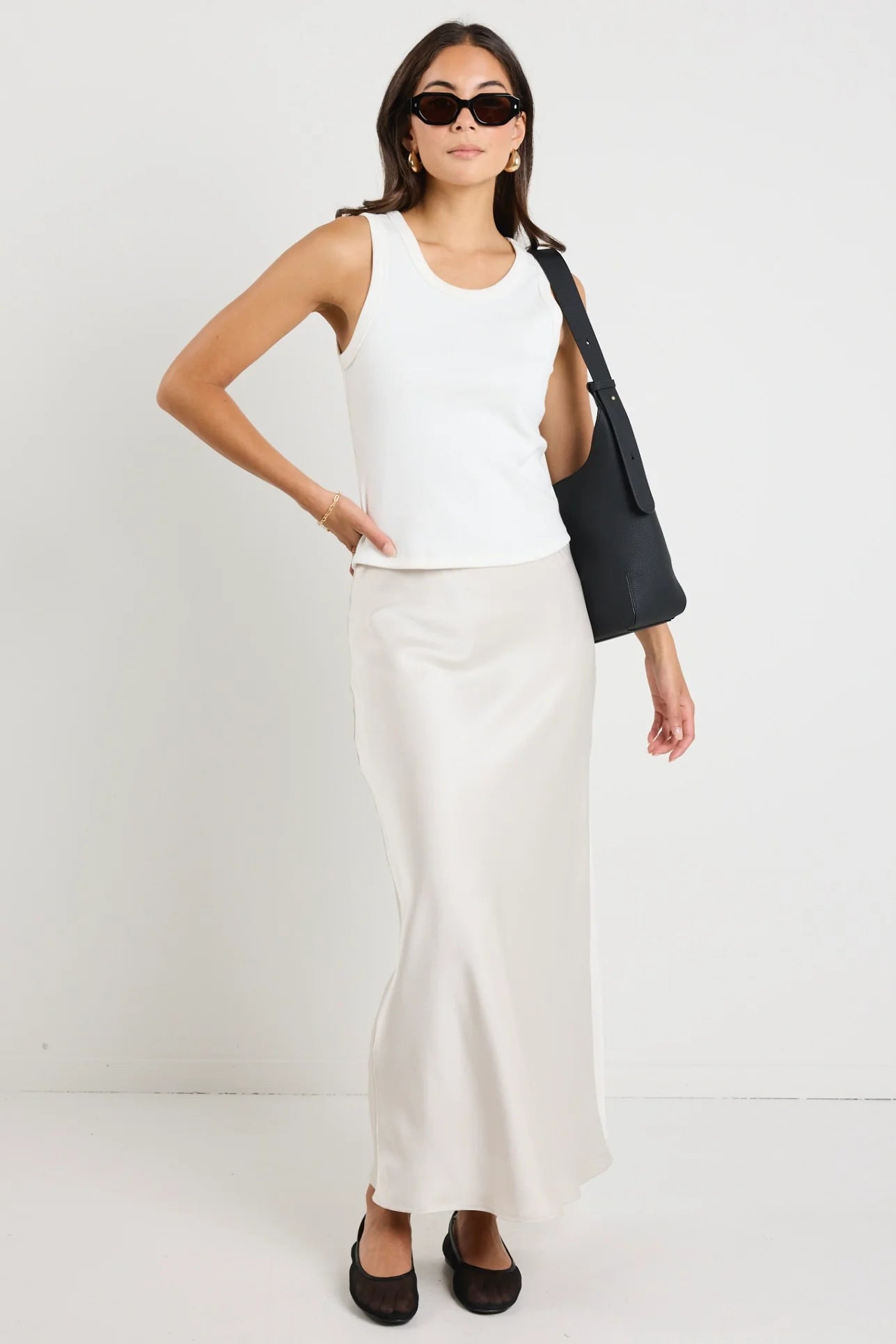 Rosette Pearl Satin Bias Midi Skirt
