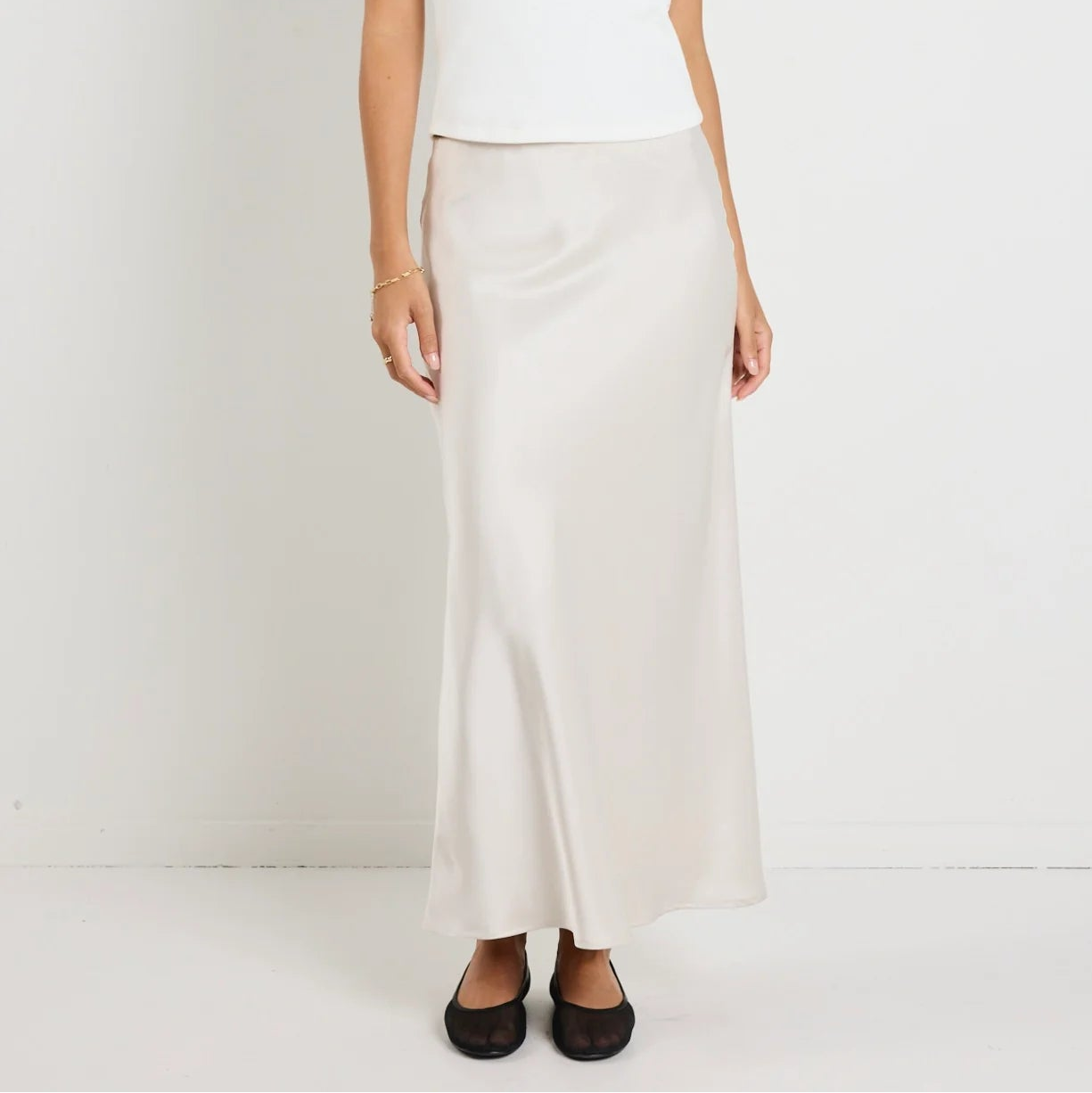 Rosette Pearl Satin Bias Midi Skirt