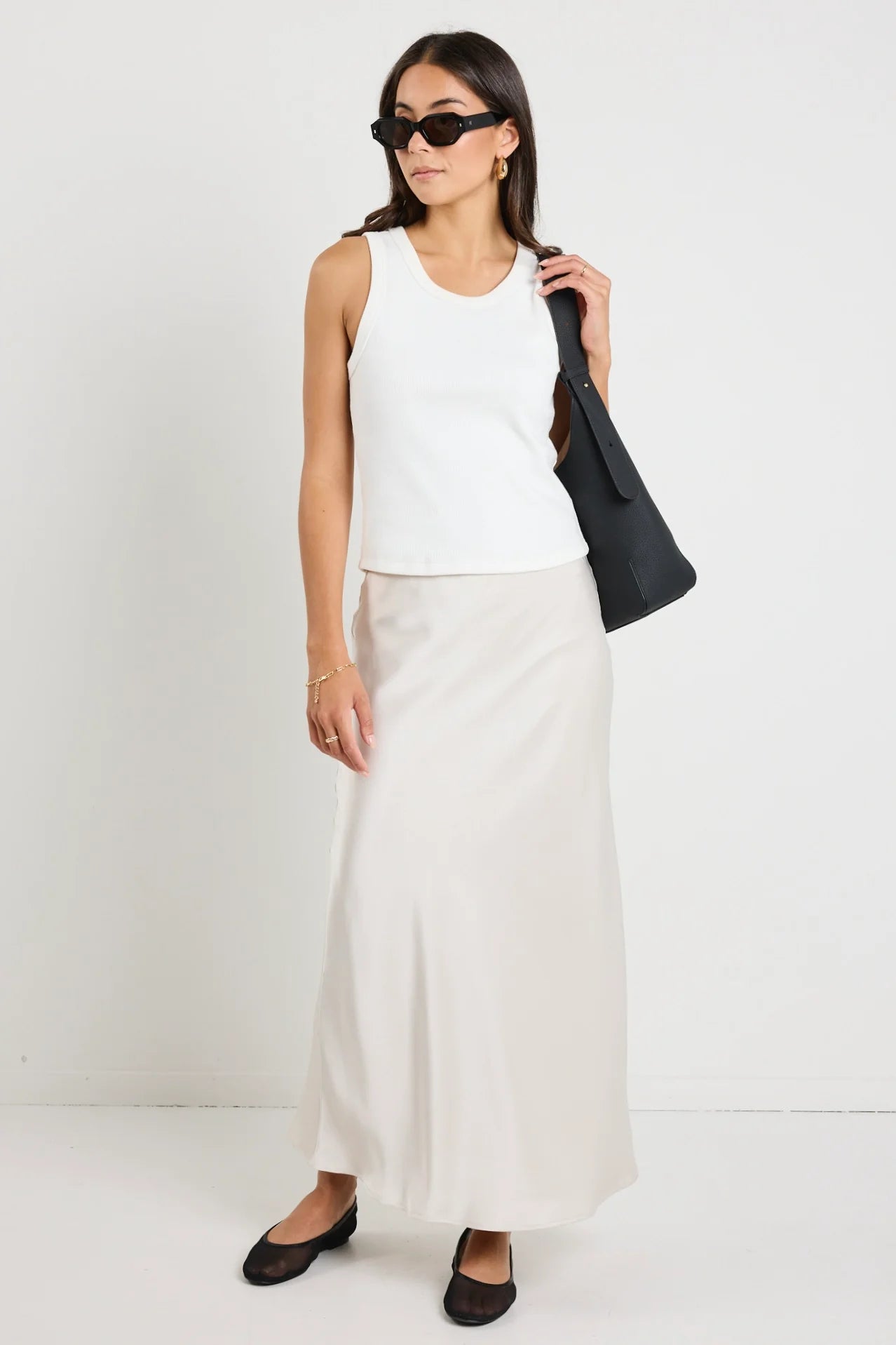 Rosette Pearl Satin Bias Midi Skirt