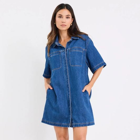 Shortcut Mini Shirt Dress - Storm Blue Denim
