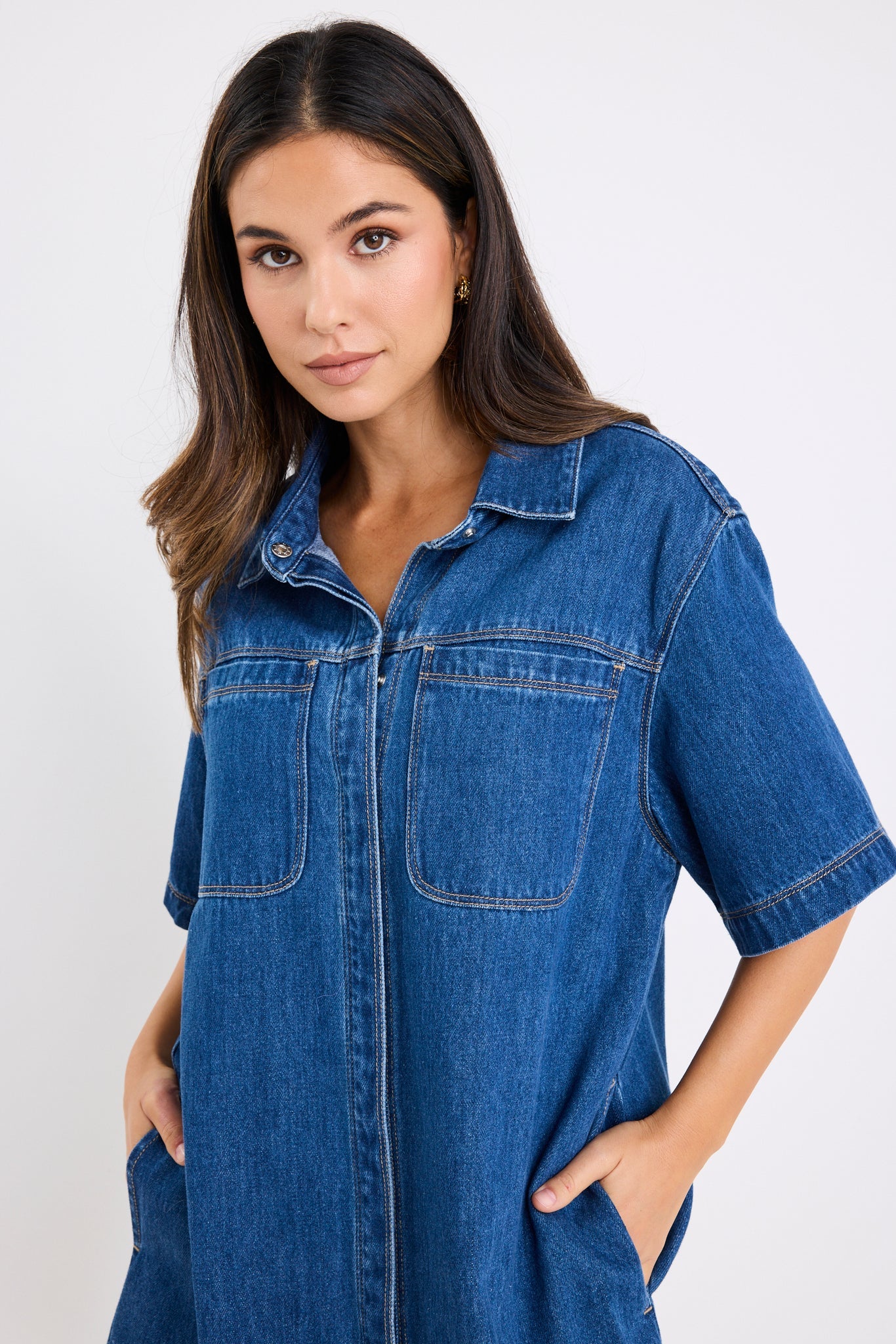 Shortcut Mini Shirt Dress - Storm Blue Denim