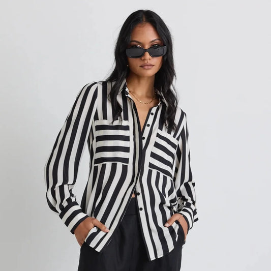 Solidify Black White Stripe Puff Sleeve LS Shirt