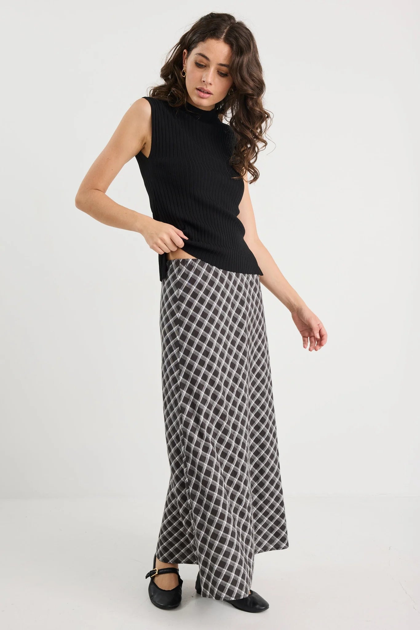 Soulmate Bias Cut Midi Skirt - Black White Check