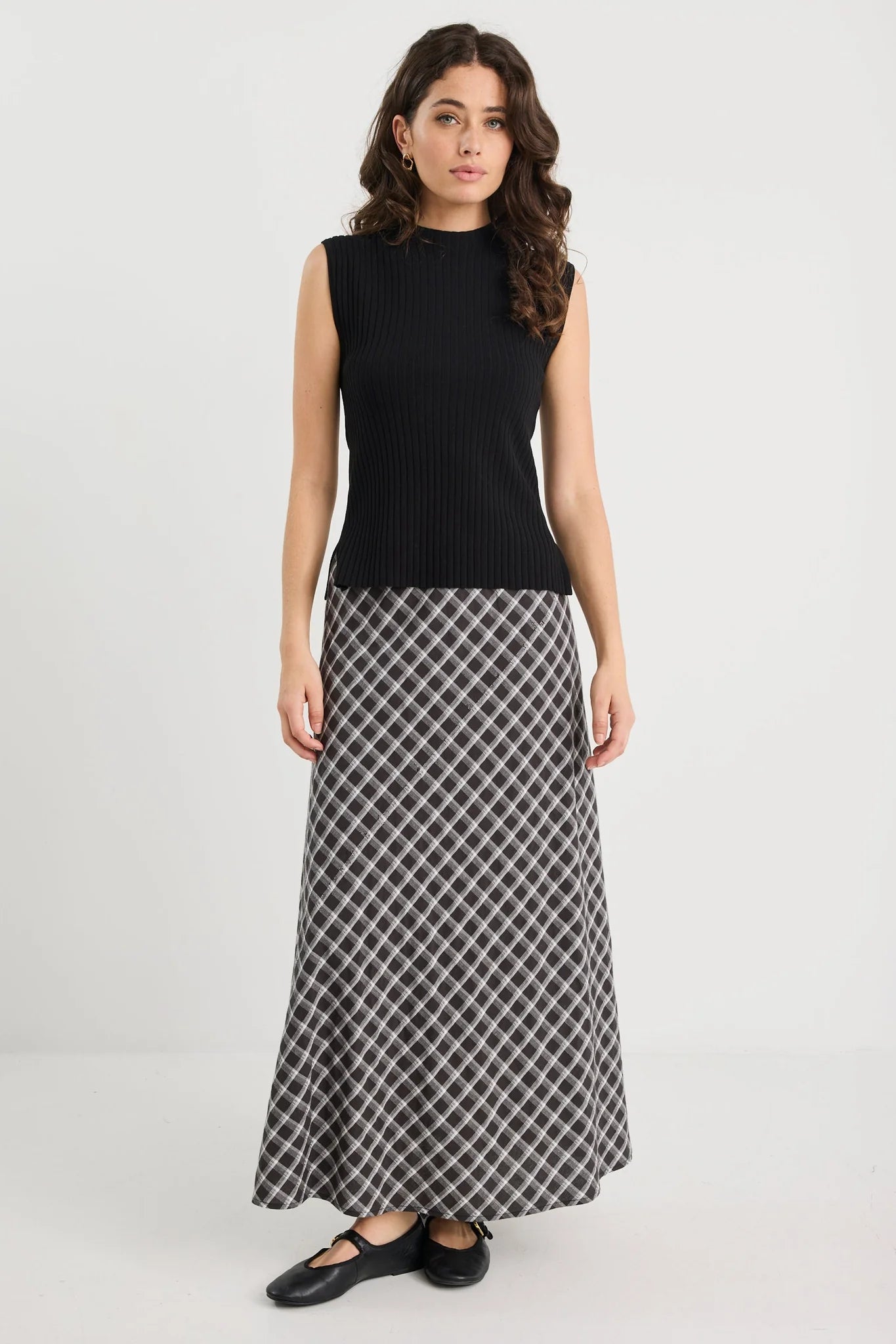 Soulmate Bias Cut Midi Skirt - Black White Check