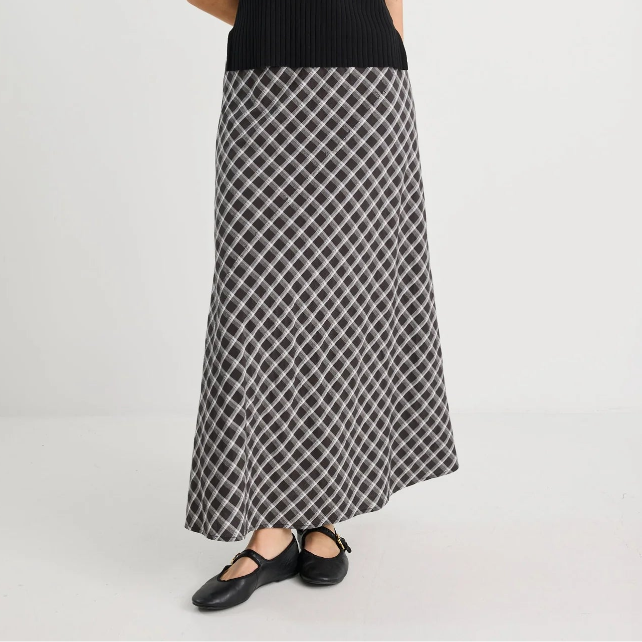 Soulmate Bias Cut Midi Skirt - Black White Check
