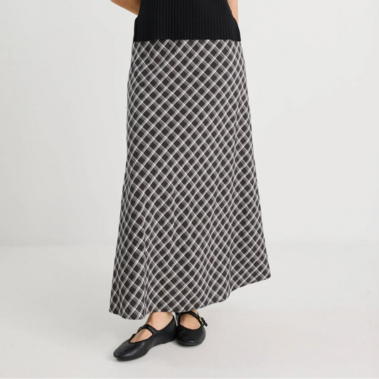 Soulmate Bias Cut Midi Skirt - Black White Check