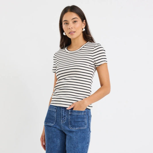 Study Stripe Rib Longer Baby Tee - Black Ecru