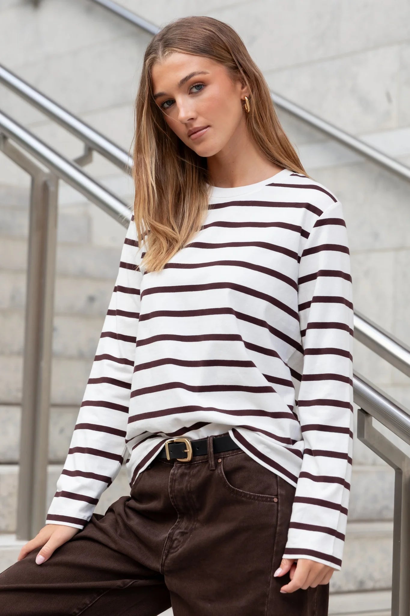 Tether LS Boxy Tee - Chocolate White Stripe