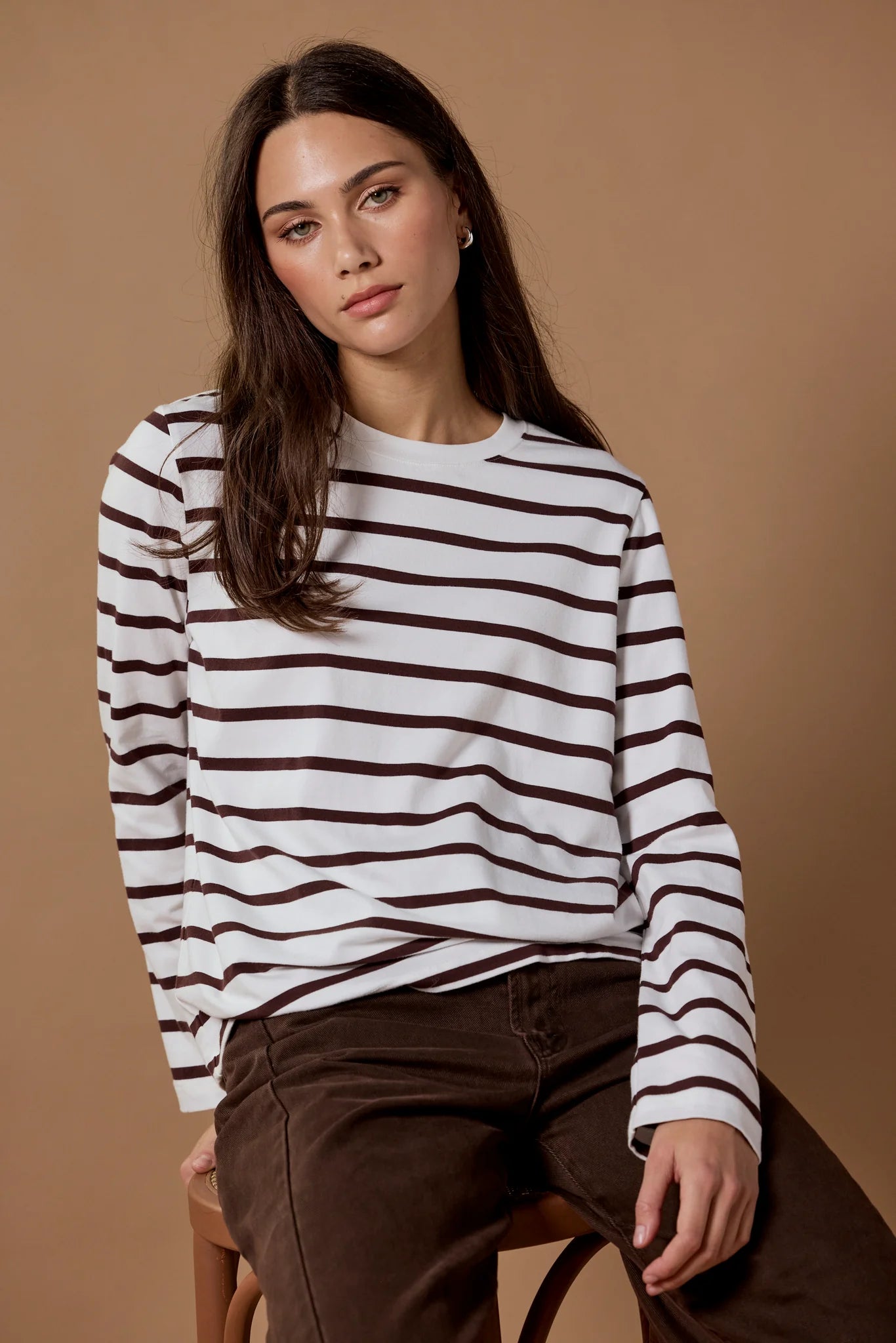 Tether LS Boxy Tee - Chocolate White Stripe