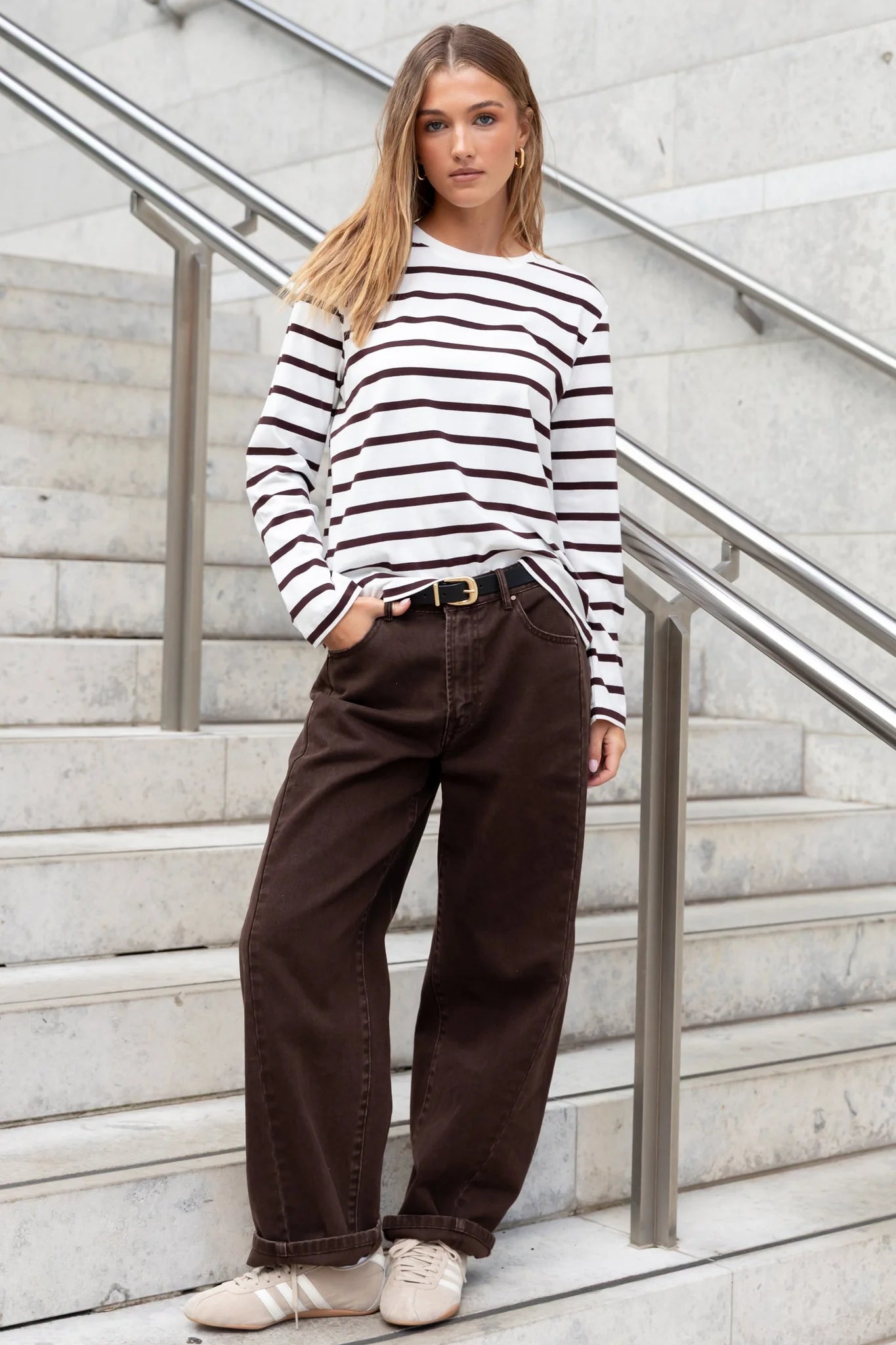 Tether LS Boxy Tee - Chocolate White Stripe