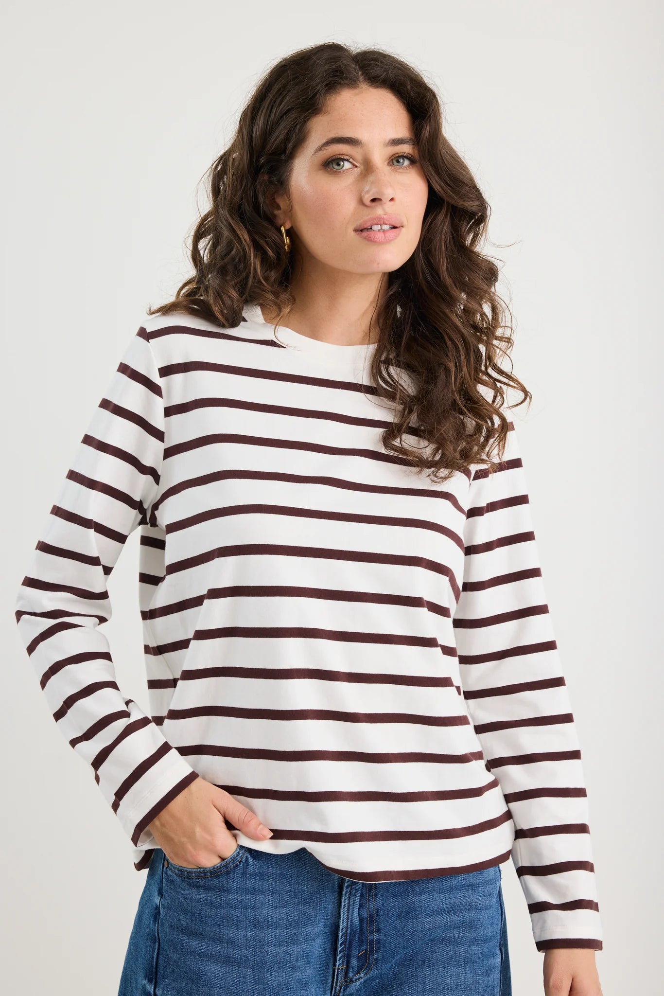 Tether LS Boxy Tee - Chocolate White Stripe